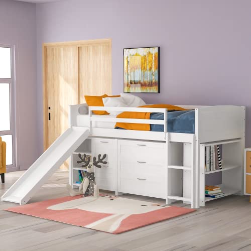 Twin Size Wood Loft Bed with Slide, Study Desk & Storage Cabinets - White | Space-Saving Kids Bedroom Furniture for Small Rooms & Dorm Rooms