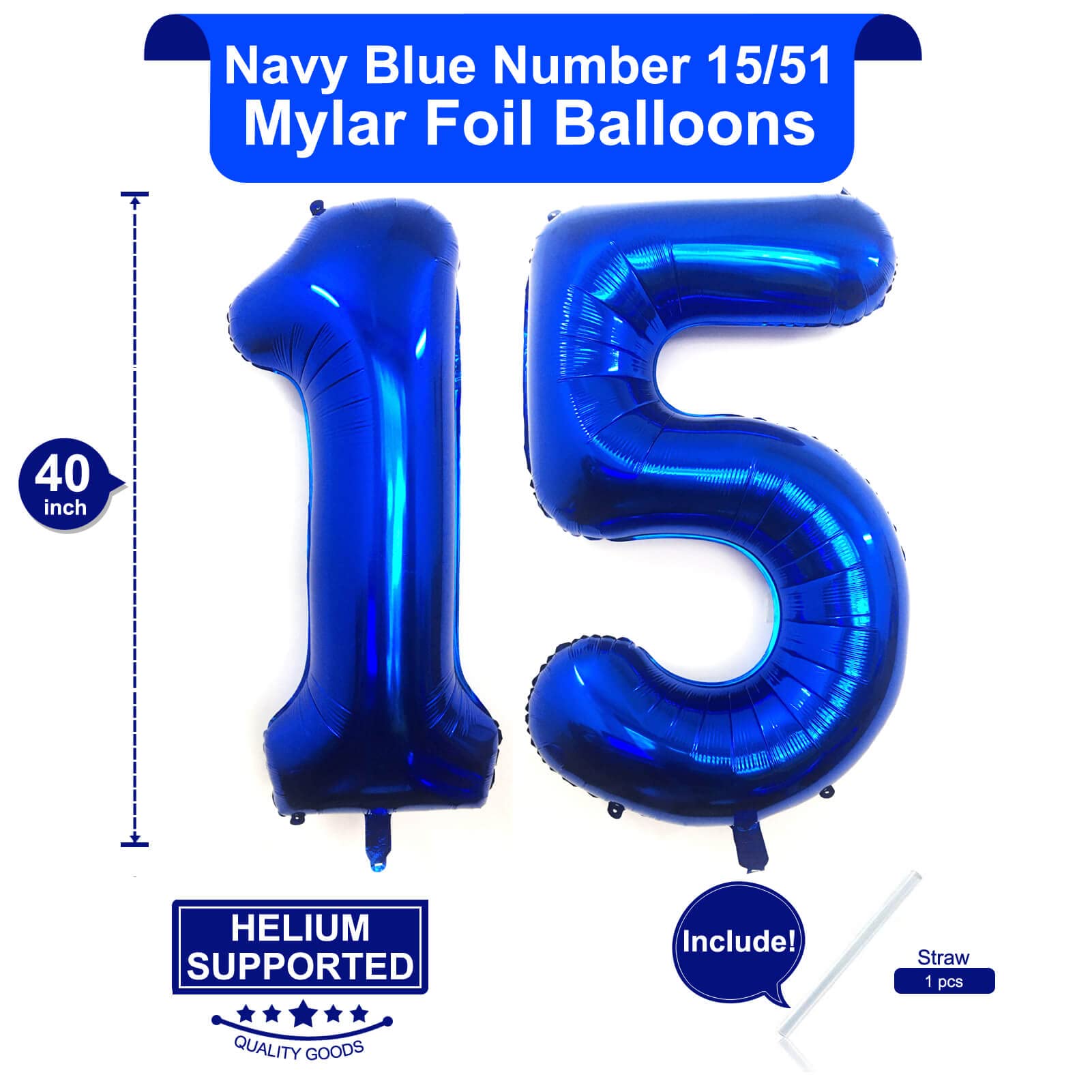 40 Inch Navy Blue 15 Number Balloons - Giant Jumbo Foil Mylar Helium Balloons for Birthday Party Decorations - Perfect for 15th Birthday, Anniversary, Graduation & Special Events Decor