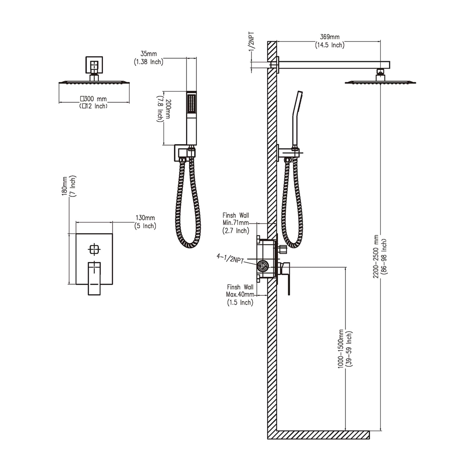 TONNY 12 Inch Chrome Rain Shower System - Complete Bathroom Square Shower Faucet Set with High Pressure Rainfall Shower Head, Handheld Combo & Wall Mounted Trim Kit (Includes Rough-in Valve) - Perfect for Modern Bathroom Renovation & Spa-Like Shower Experience