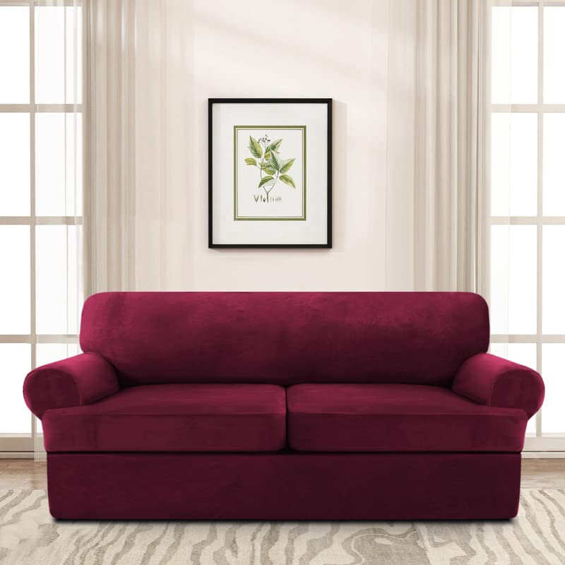 Velvet T-Cushion Sofa Slipcover 3-Piece Set - Soft Stretchable Couch Cover for Loveseat XL with 2 Individual T-Cushion Seat Covers - Burgundy Furniture Protector for Living Room, Apartment & Home Decor