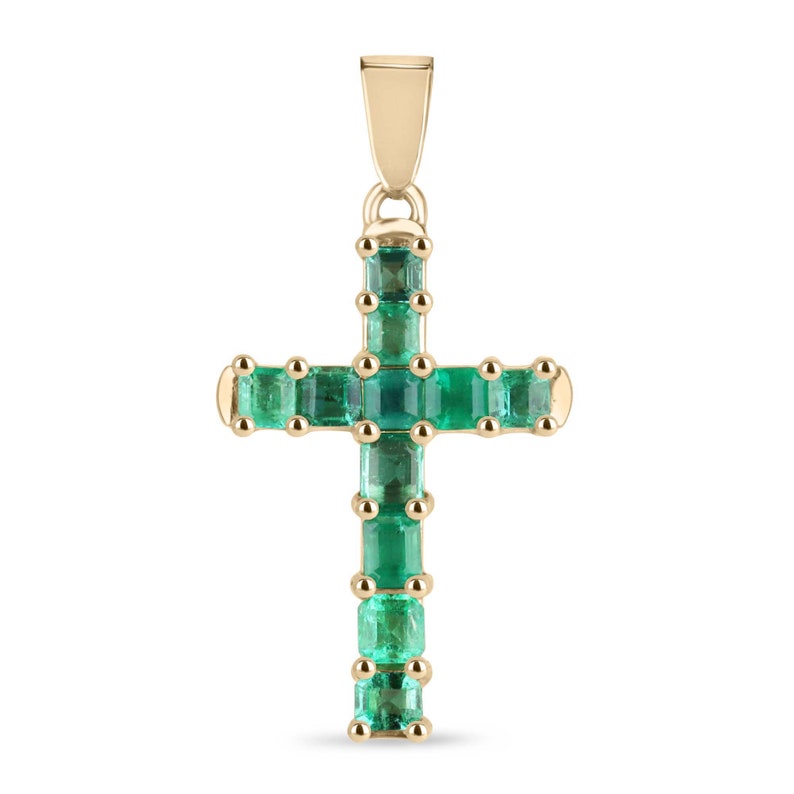 5.0 TCW 14K Gold Medium Dark Green Emerald Cut Asscher 11 Stone Unisex Cross Pendant for Men & Women - Perfect for Gifts, Weddings, and Everyday Jewelry