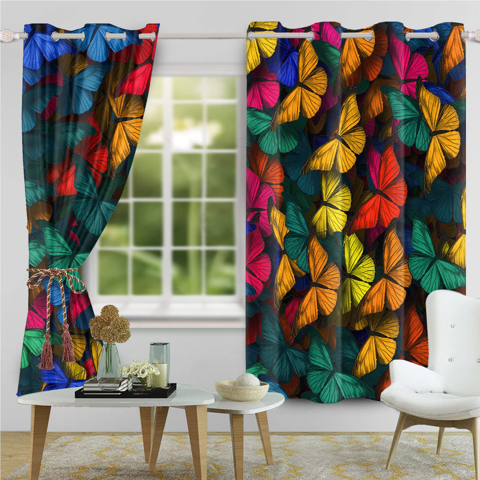Yeele Butterfly Blackout Curtains - Colorful Winged Animal Design in Blue, Red, Orange, Cyan & Pink - 53x96 Inch Thermal Insulated Noise Reducing Window Drapes - Perfect for Bedroom, Nursery & Living Room Decor