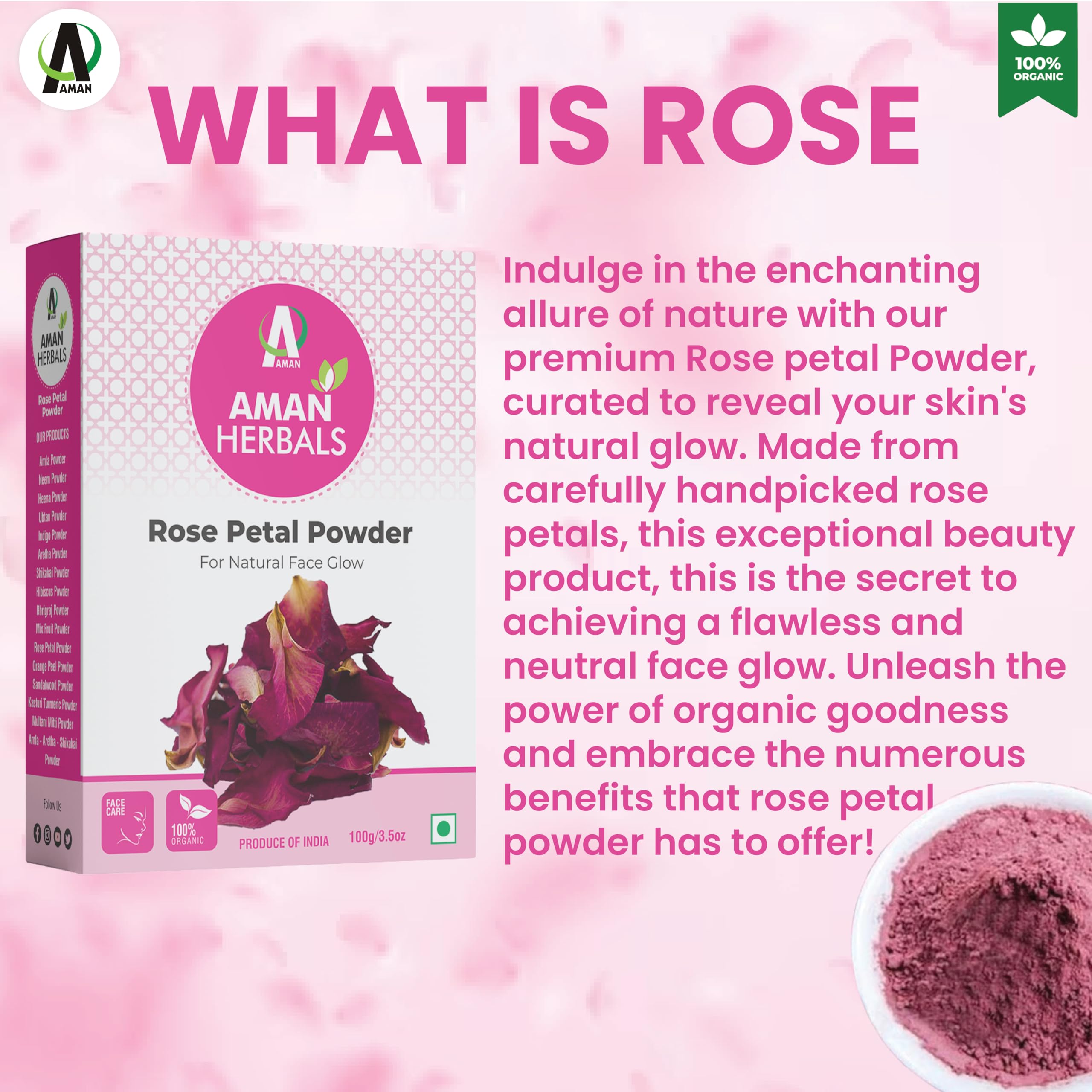 AMAN HERBALS Pure Natural Double Filtered Rose Petal Powder for Face & Skin - 100g Organic Facial Mask for Brightening, Tan Removal & Glowing Skin | DIY Face Pack, Spa Treatment, Ayurvedic Skincare