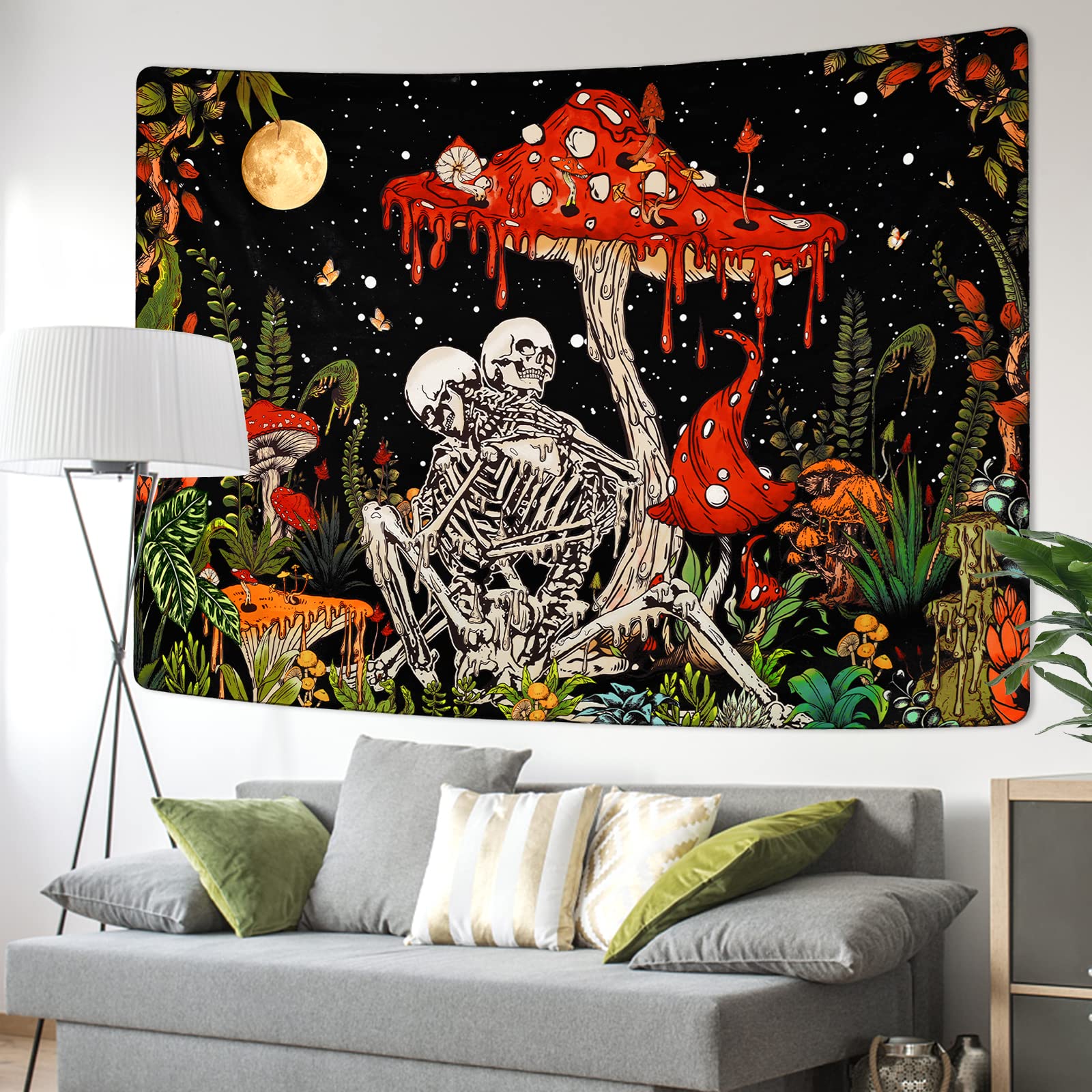 Uspring Skull Mushroom Tapestry - Gothic Galaxy Wall Hanging with Skeleton & Moon Design for Hippie Bedroom Decor (70.9