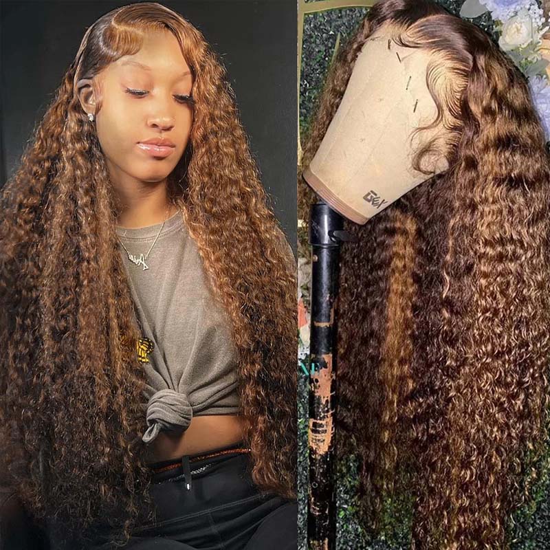**28inch Pre-Colored Human Hair Curly Wig - Burgundy/Brown/Highlight 13x4 Lace Frontal Wig | Natural Look & Heat Resistant | Perfect for Cosplay, Parties & Daily Wear**