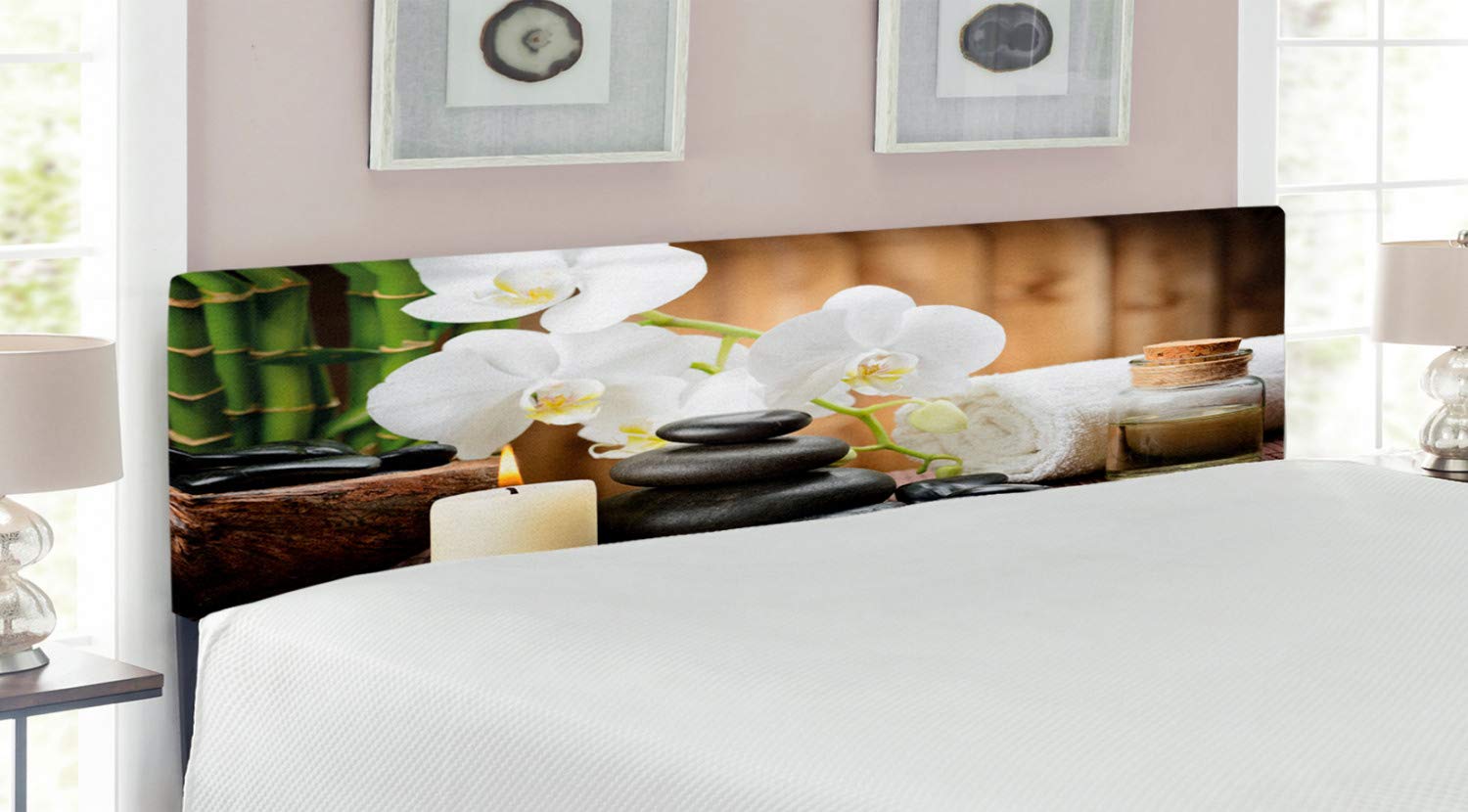 Ambesonne Spa Headboard - Relaxing Upholstered Metal Bed Headboard with Memory Foam, Decorative Stone & Bamboo Design in White, Green & Black | King Size | Perfect for Bedroom Decor, Meditation Spaces & Luxury Hotel Style