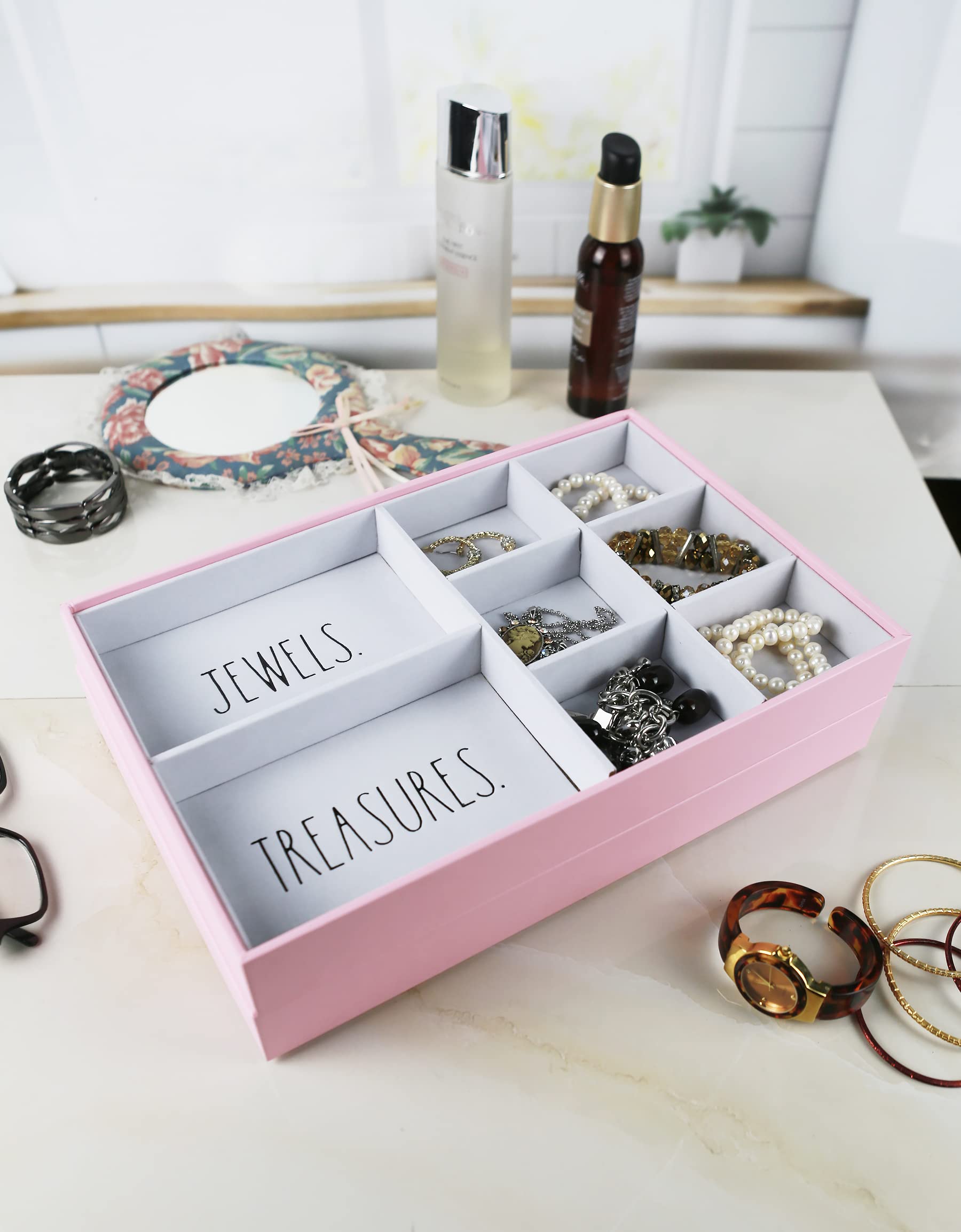 Rae Dunn Jewelry Organizer Tray Set - 2 Stackable Trays for Earrings, Rings & Necklaces - Pink Vanity Display