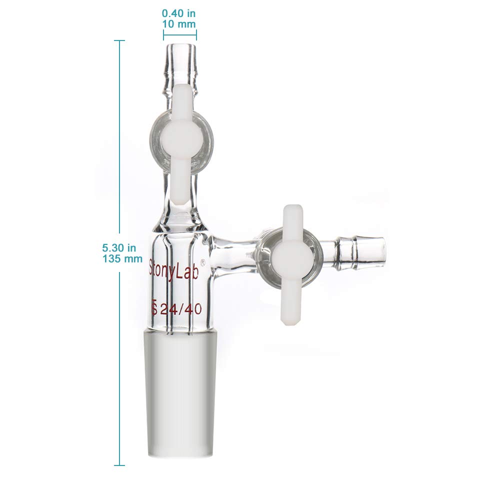 Stonylab Glass Vacuum Transfer Adapter - Borosilicate 3.3 Glass with PTFE Stopcocks & 24/40 Inner Joint for Chemistry Lab, Distillation, and Essential Oil Extraction