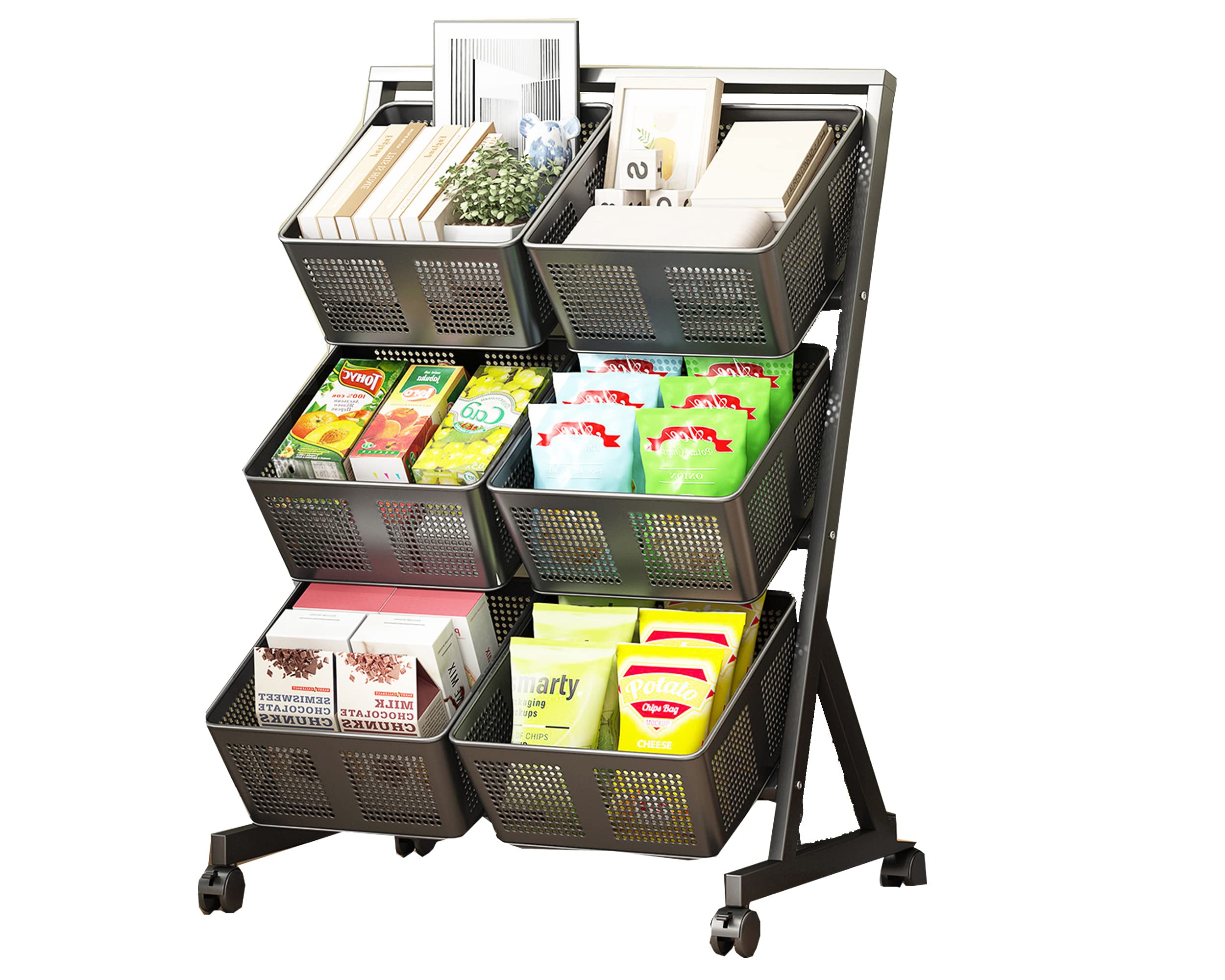 3-Tier Metal Kitchen Storage Basket with Wheels & Push Handle - Black | Multi-Purpose Organizer for Fruits, Vegetables, Pantry & Bathroom | Space-Saving Floor Stand Cart for Home & Office