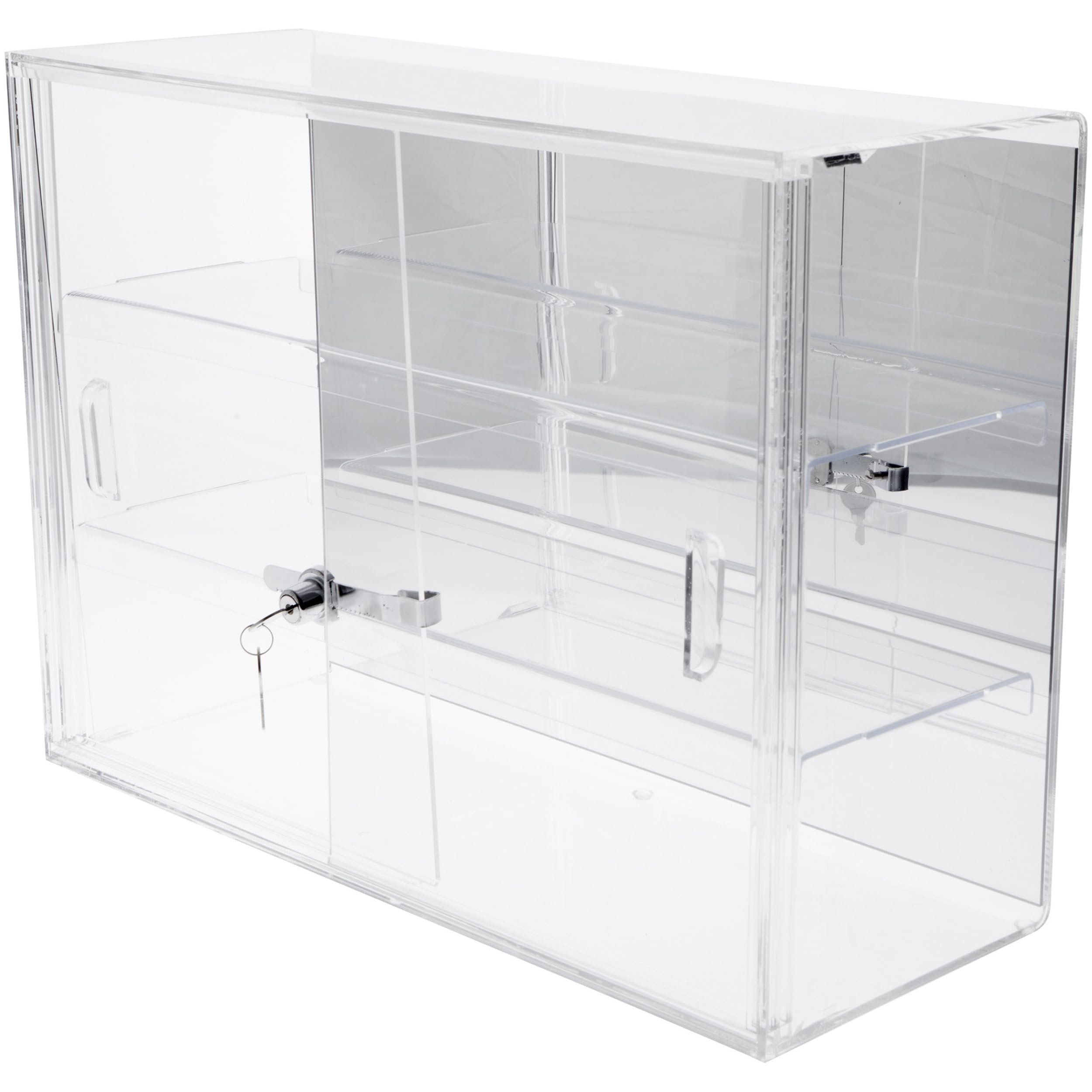 Clear Acrylic Locking Display Case with Sliding Back & 2 Mirrored Shelves - 16