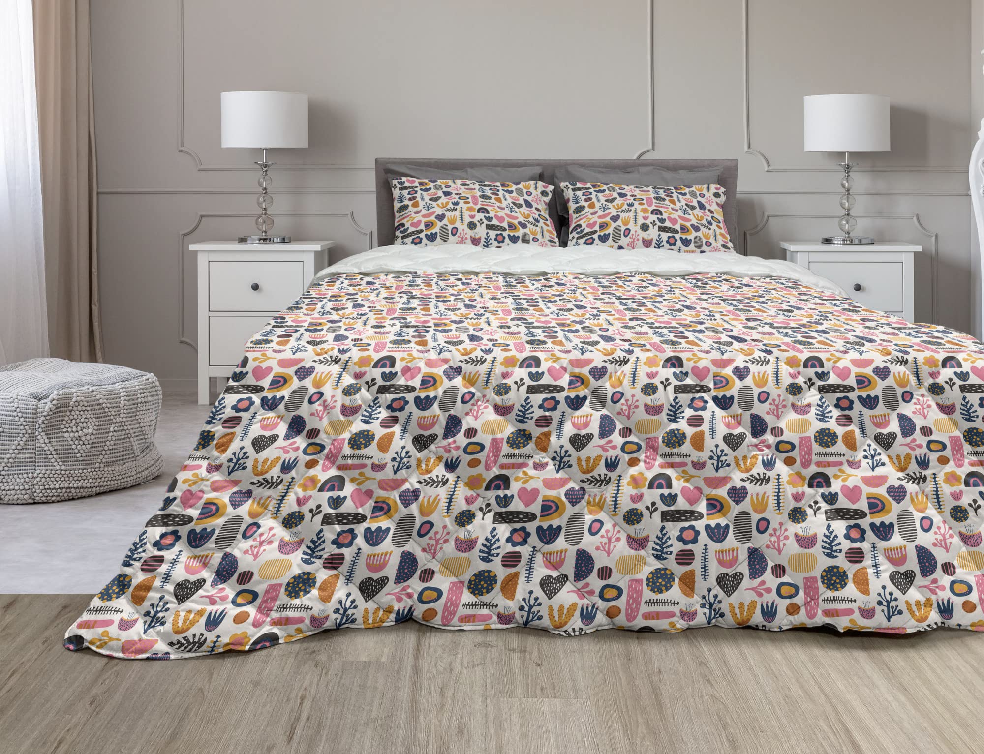 Ambesonne Colorful Comforter & Sham Bedding Set - Funny Cartoon Botanical Art with Leaves, Hearts & Flowers - 3-Piece Microfiber Duvet Set (Full Size, Eggshell & Pink) for Cozy Bedroom Decor & Gift Ideas