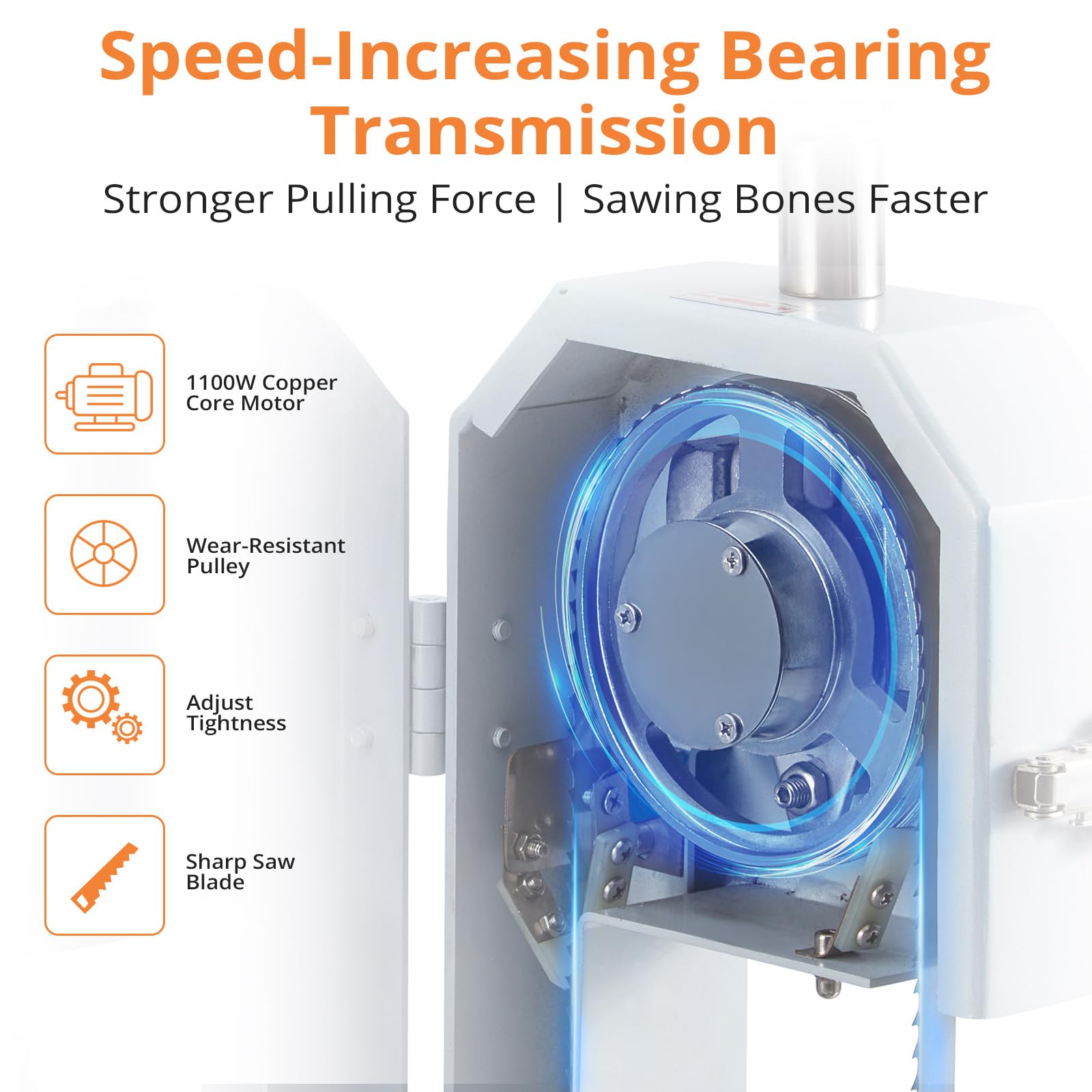 1100W Commercial Electric Meat Bandsaw - Heavy Duty Bone Cutting Machine with 6 Saw Blades (0.39-6.6 Inch Adjustable Thickness) for Beef, Pork, Chicken, Fish & Frozen Meat - Perfect for Butcher Shops, Restaurants & Food Processing (1100W)