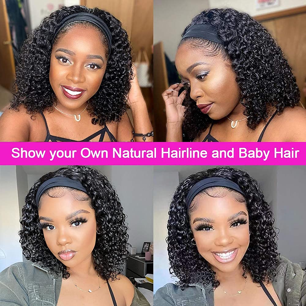 Rebasar 10 Inch Glueless Short Curly Headband Wigs for Black Women - Human Hair No Lace Front Wear & Go Wigs - Natural Black Color - Perfect for Daily Wear, Parties & Special Occasions
