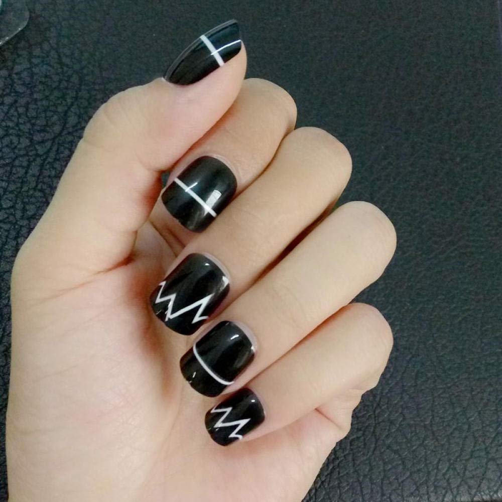 HUJL Shiny Black Jagged False Nails - 24pcs Acrylic Nail Tips with Line Pattern for DIY Manicure, Salon & Party Glam | Fashion Nail Art Accessories for Women