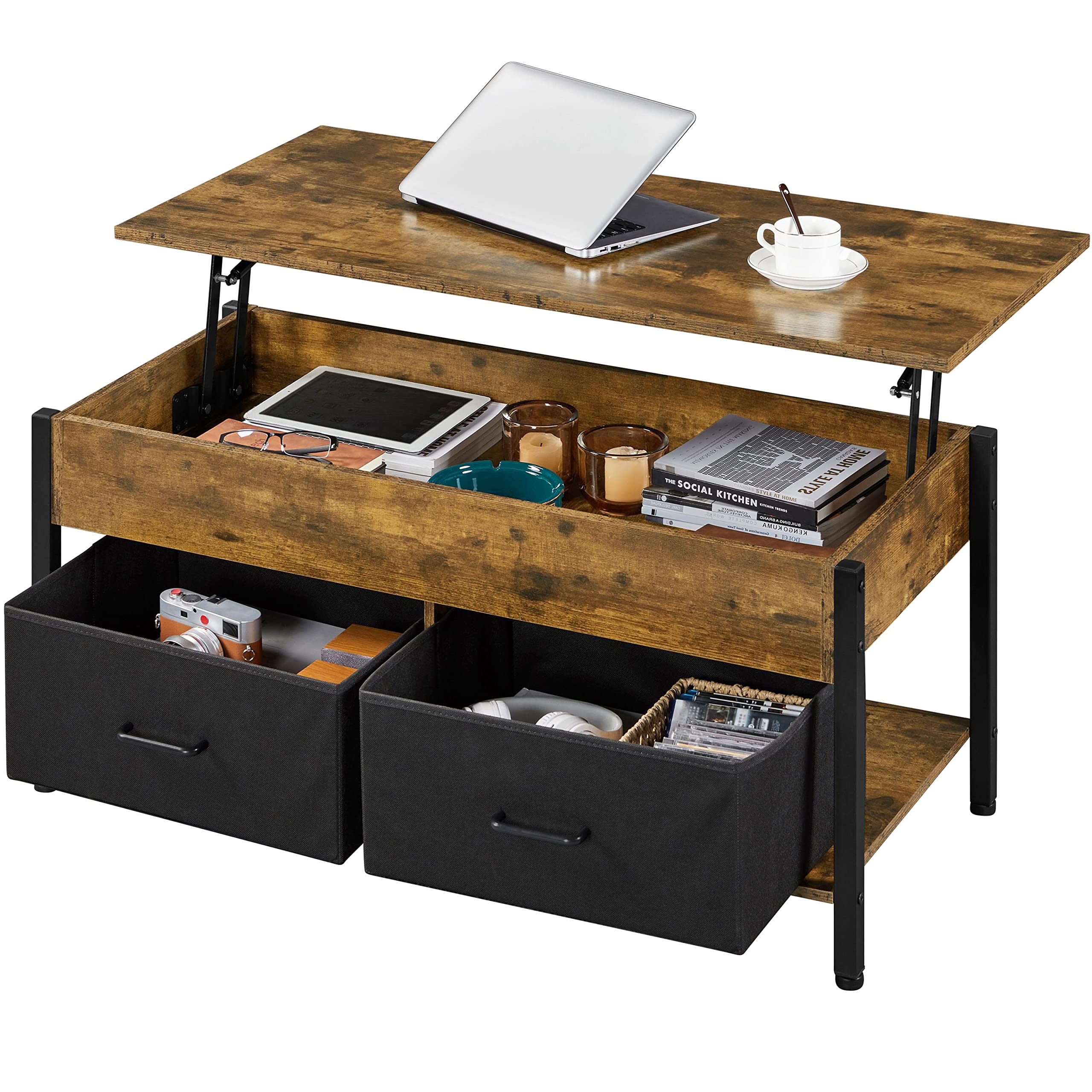 Yaheetech 41.5 Inch Lift Top Coffee Table with Storage - Rustic Brown Wooden Raisable End Table with 2 Fabric Baskets for Living Room & Office - Perfect for Small Spaces, TV Snacking, and Remote Storage