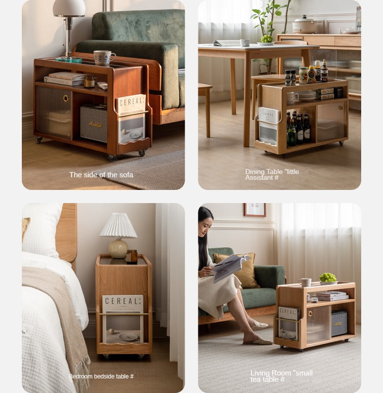Solid Wood Mobile Glass Side Table - Oak, Poplar, Black Walnut - Perfect for Living Room, Bedroom or Office Use