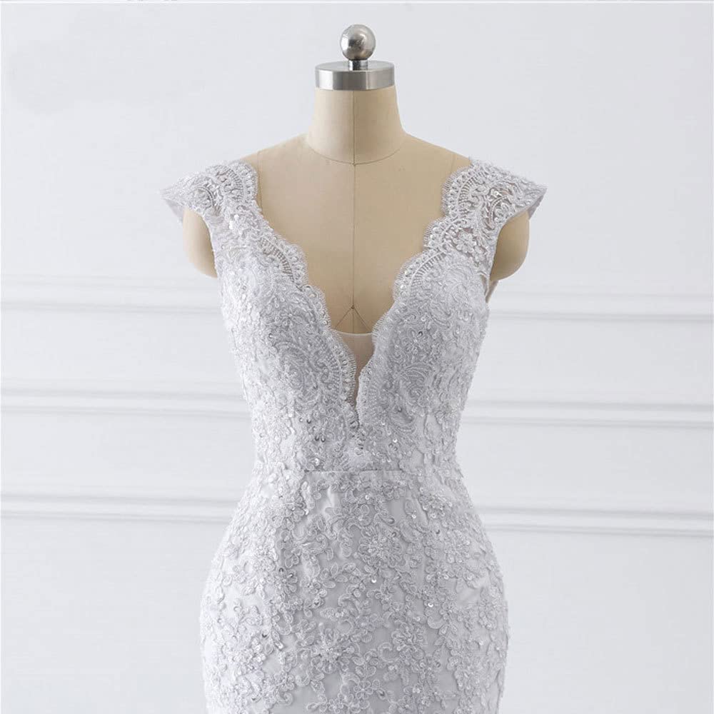 XYAYE V Neck Mermaid Wedding Dress for Bride - Sparkling Sequins & Lace Applique Tulle Bridal Gown with Train | Elegant Beach, Church & Formal Wedding Ceremony Attire