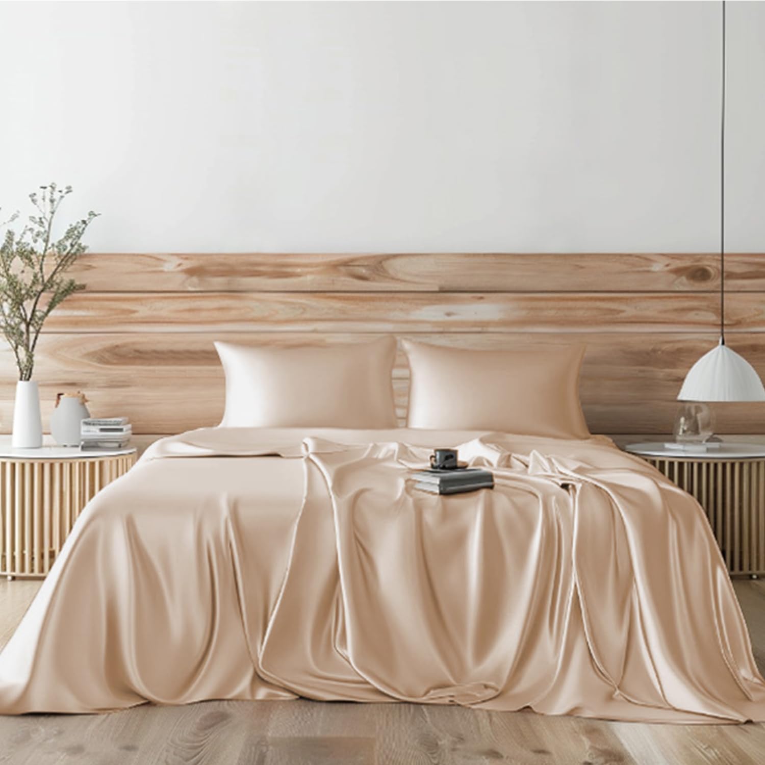 Luxury Candoury 6-Piece Satin Bedding Set - Queen Size Silky Soft Sheets with Pillowcases, Flat & Fitted Sheet - Hotel Quality Champagne Bed Sheets for Ultimate Comfort (Perfect for Master Bedrooms, Guest Rooms & Luxury Hotels)