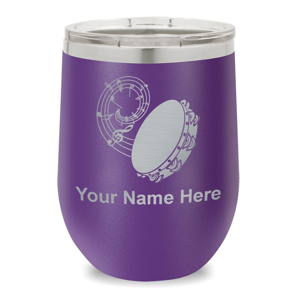 Personalized Engraved Wine Glass Tumbler with Tambourine Design - Dark Purple Stemless Cup for Parties, Weddings & Gifts
