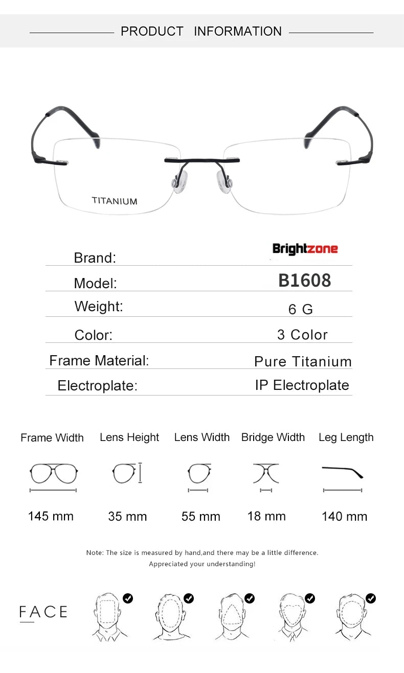 Brightzone Unisex Rimless Rectangle Titanium Eyeglasses Frame 71608 - Lightweight & Durable for Work, Reading & Everyday Wear