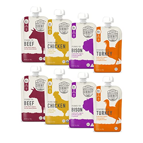 Serenity Kids Organic Baby Food Pouches - 6+ Months, Ethically Sourced Meat & Veggie Puree | BPA-Free 3.5oz Pouch | Variety Pack of 8 | Perfect for On-the-Go Feeding & Healthy Snacking