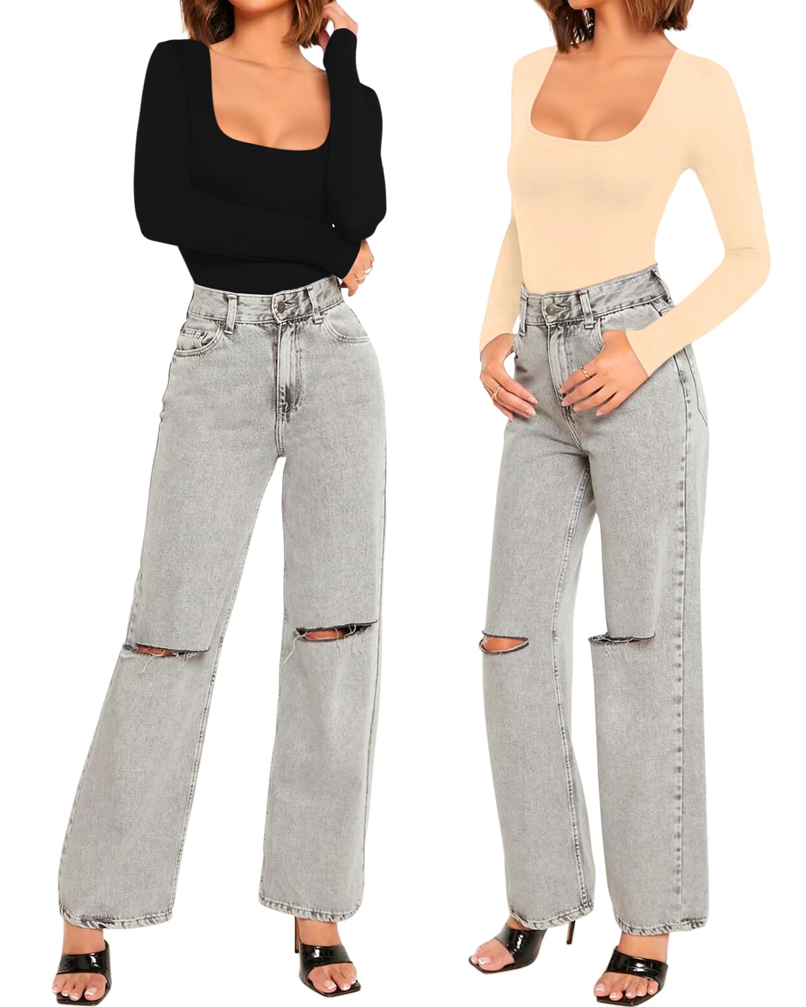Allchic Women's Long Sleeve Scoop Neck Bodysuit Tops - Basic Stretch Jumpsuits for Casual Wear, Layering & Everyday Outfits