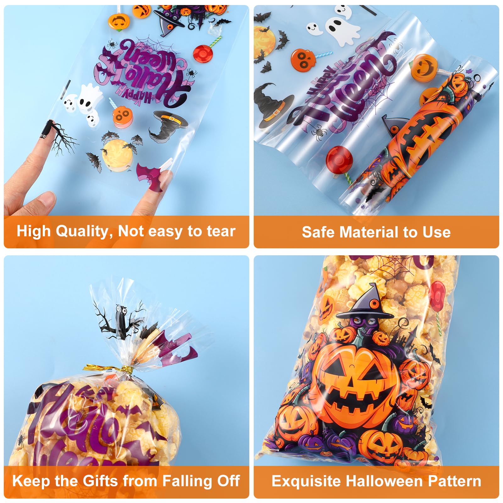 BBPOOL Halloween Treat Bags - 160pcs Clear Plastic Goodie Bags with Twist Ties for Candy, Cookies & Snacks | Trick or Treat Party Favors, Gift Wrapping & Halloween Party Supplies | Perfect for Classroom Treats, Neighborhood Trick-or-Treating & Halloween Events