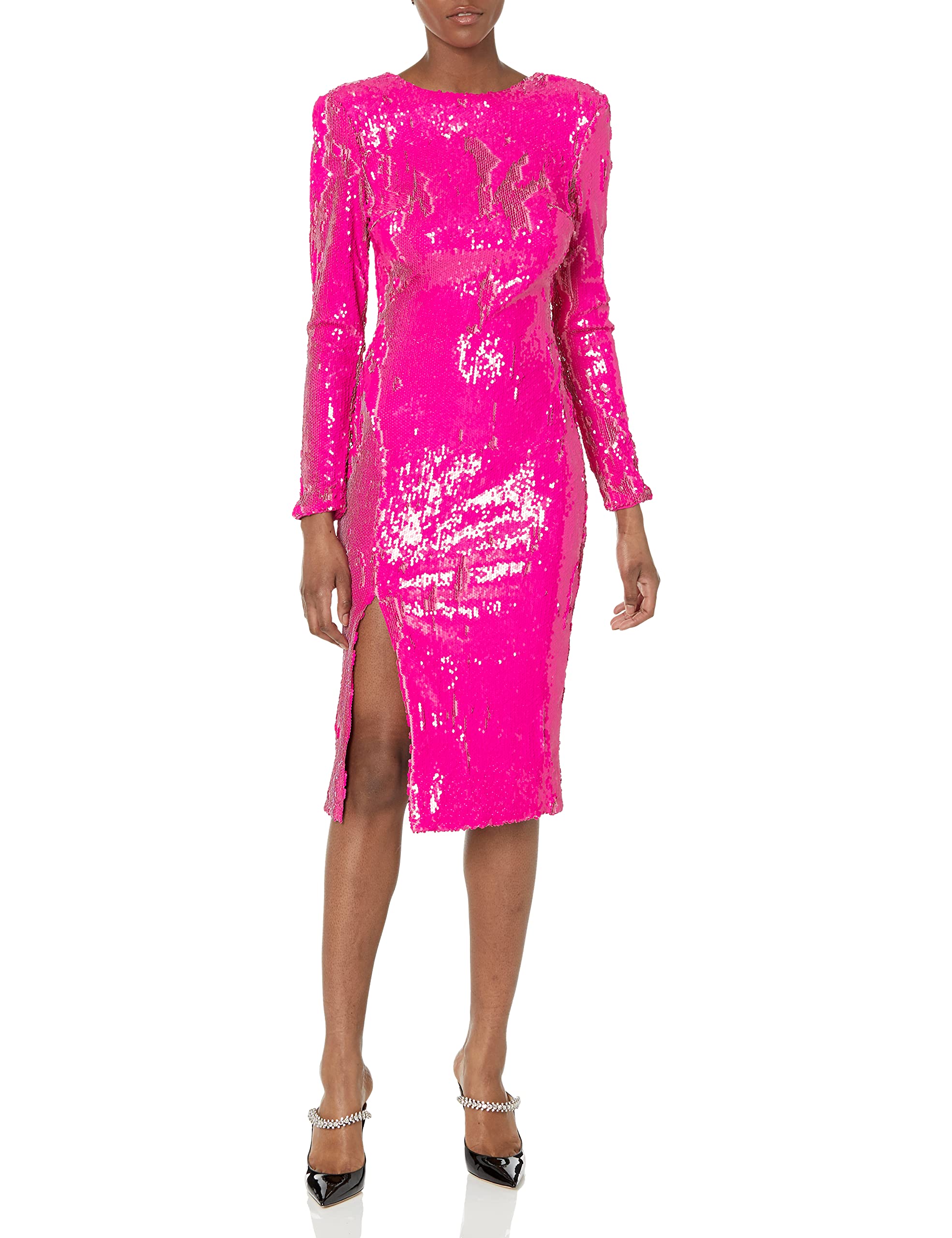 Dress the Population Women's Natalie Long Sleeve Round Neck Bodycon Midi Dress with Front Side Slit - Perfect for Evening Parties, Date Nights & Special Occasions