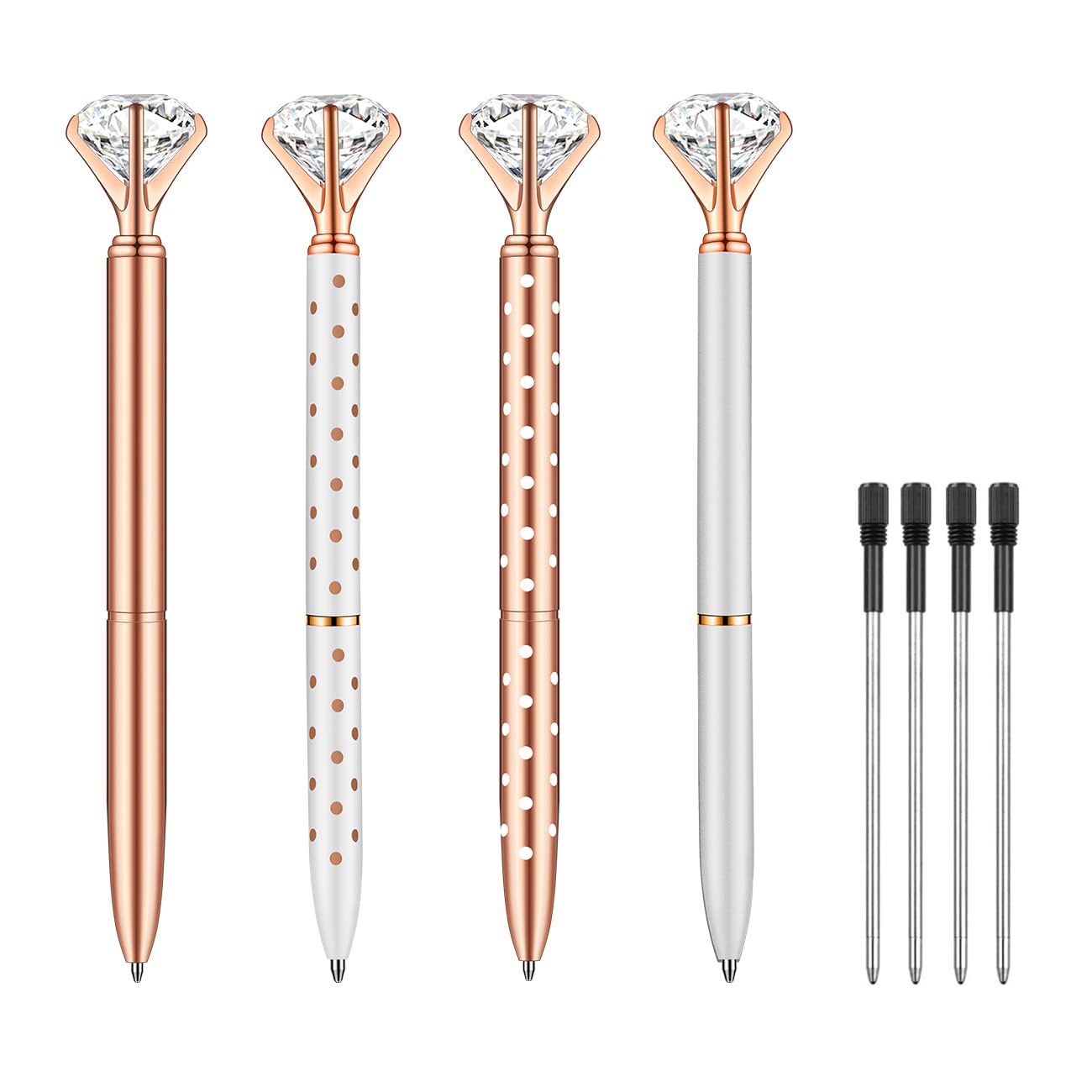 4-Pack Bling Crystal Diamond Ballpoint Pens - Rose Gold & Silver Glitter Metal Pens with Polka Dots, Includes 4 Refills - Elegant Office Supplies for Women, Gift Ideas, Journaling & Note Taking
