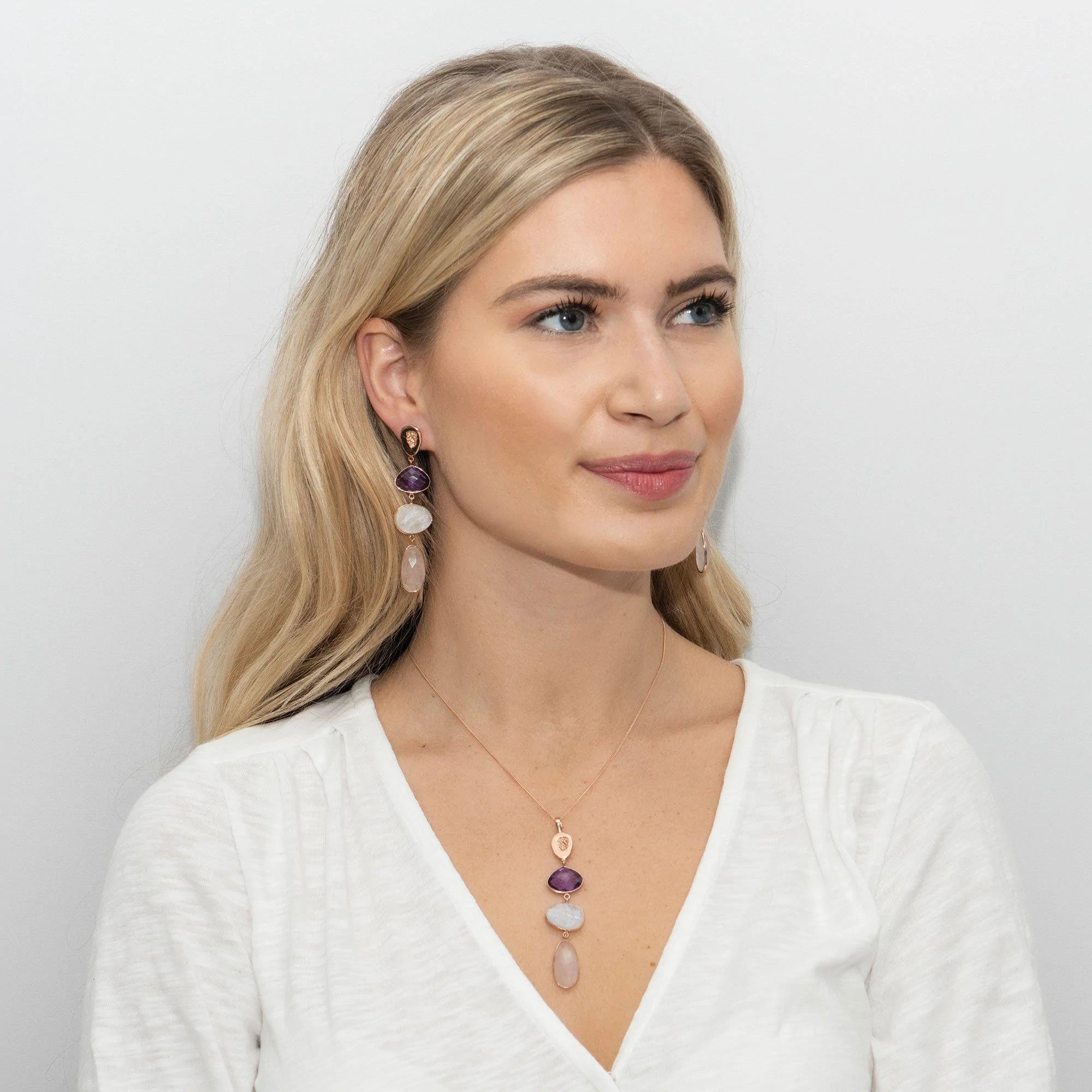 Natural Amethyst Moonstone Rose Quartz Drop Pendant Necklace - Healing Crystal Jewelry for Women, Spiritual Gift, Boho Chic Fashion Accessory