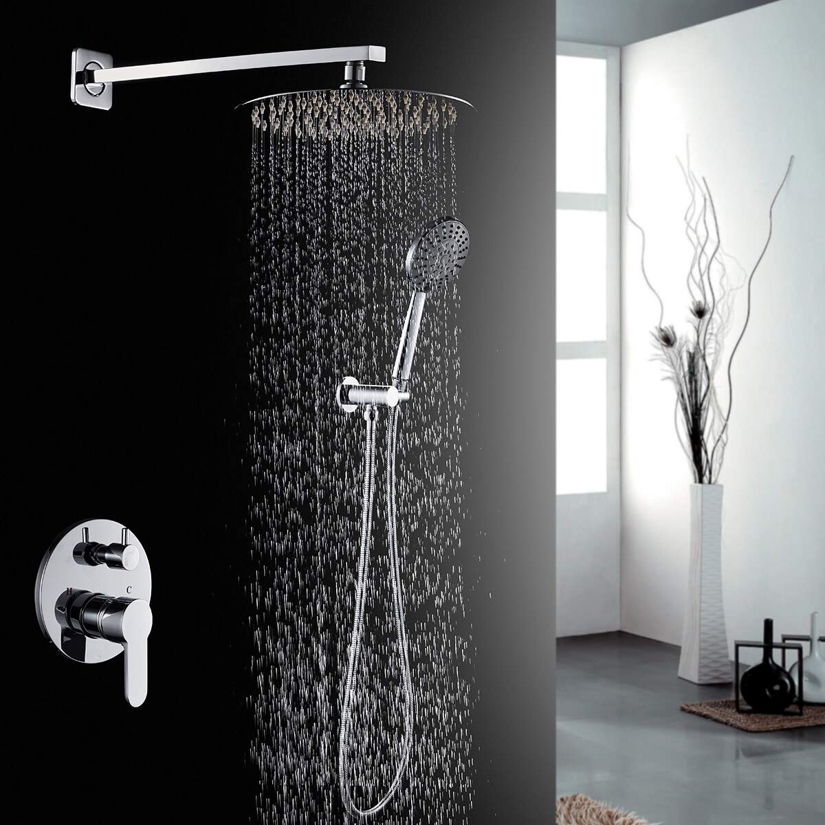 ROVOGO Chrome Bathroom Shower Faucet System with Rain Shower Head & Handheld Spray Combo Set - Complete Shower Trim Kit & Rough-in Valve Included - Perfect for Modern Bathroom Renovation & Spa-Like Shower Experience