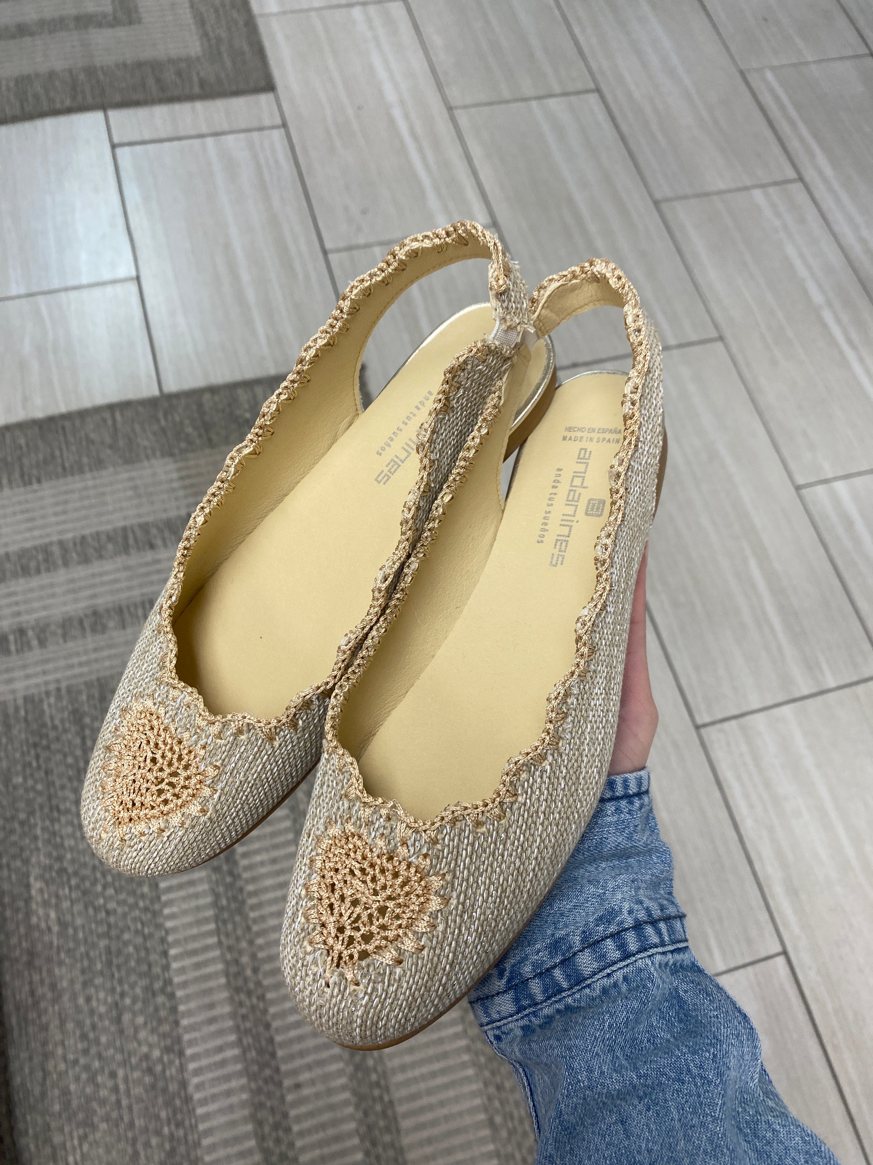 Andanines Gold Linen Heart Crochet Slingback Sandals - Elegant Summer Beach Wedding Shoes for Women | Perfect for Boho Chic Outfits, Date Nights and Vacation Wear