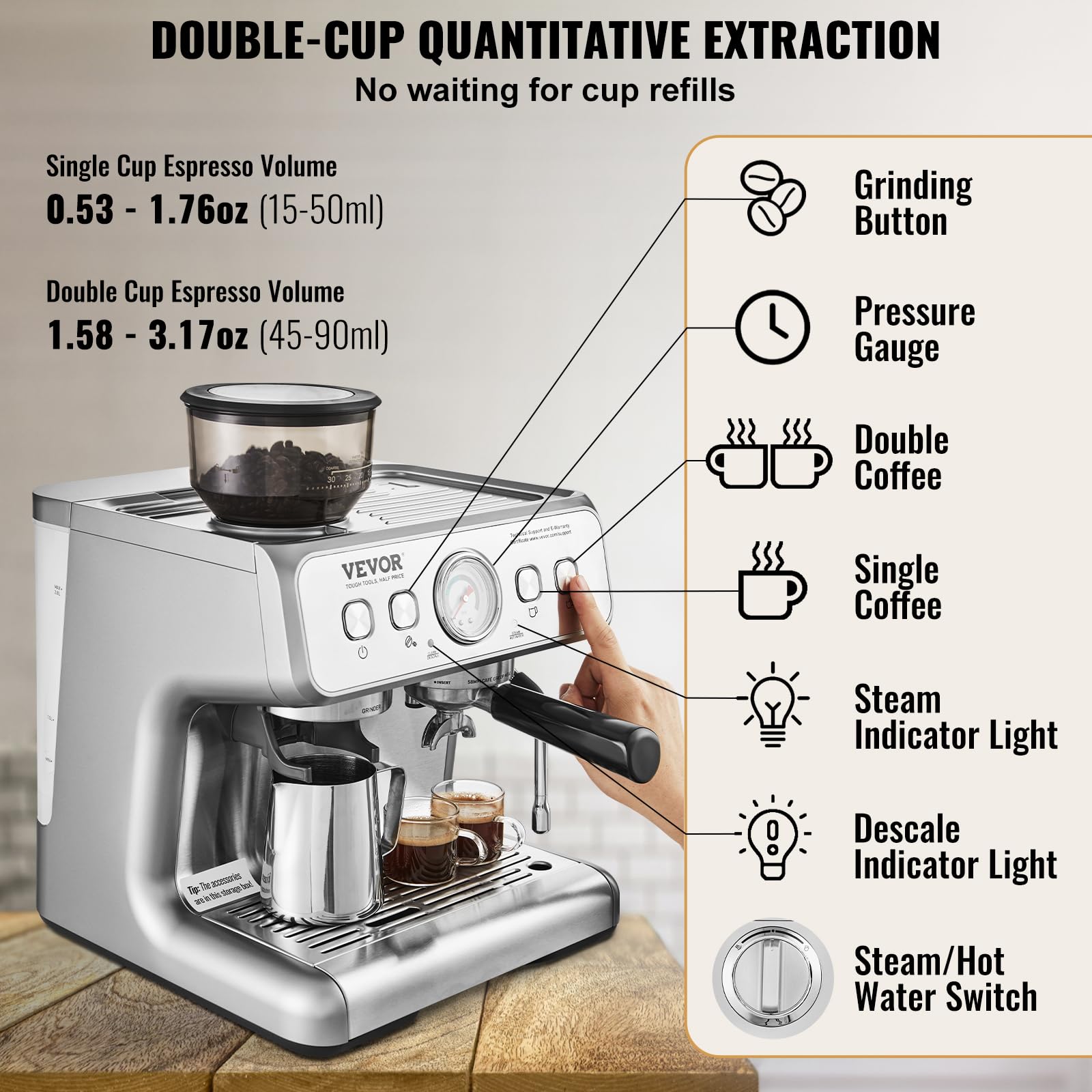 VEVOR 15 Bar Semi-Automatic Espresso Coffee Maker with Built-in Grinder & Milk Frother, Removable Water Tank, PID Control System - Perfect for Home Baristas to Make Cappuccino, Latte, Macchiato - Ideal for Kitchen, Office, Coffee Shop Use