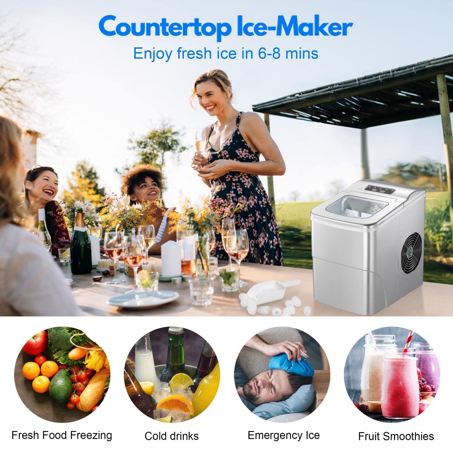 OKADA Portable Countertop Ice Maker Machine - 9 Ice Cubes in 6 Minutes, 26 lbs Daily - Compact Electric Ice Maker with Removable Basket & Scoop (Silver) - Perfect for Home, Office, Parties & Outdoor Use