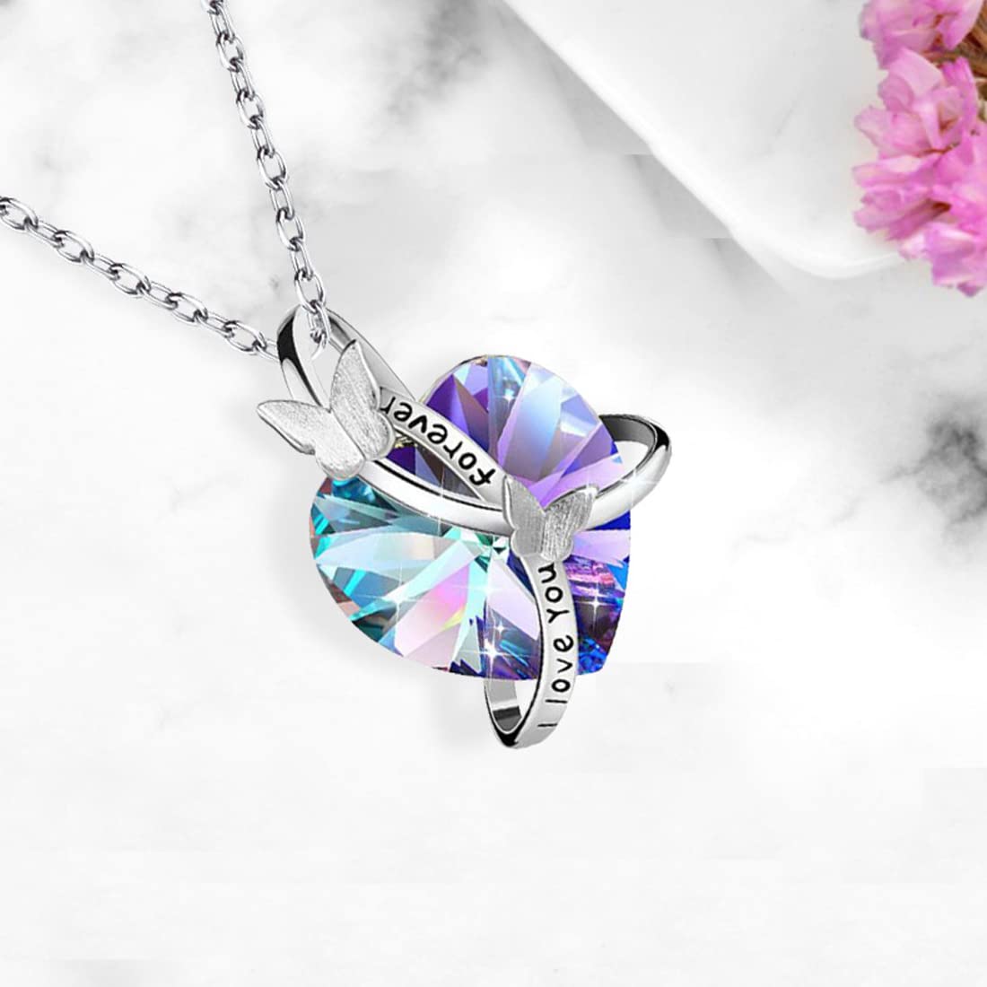 **Elegant Yellow Chimes Pendant Necklace for Women & Girls – Blue Crystal Heart Butterfly Pendant with Silver Tone Chain | Perfect Birthday Gift for Girls, Anniversary Gift for Wife (Purple Heart Pendant Option) | Ideal for Parties, Weddings & Everyday Wear**
