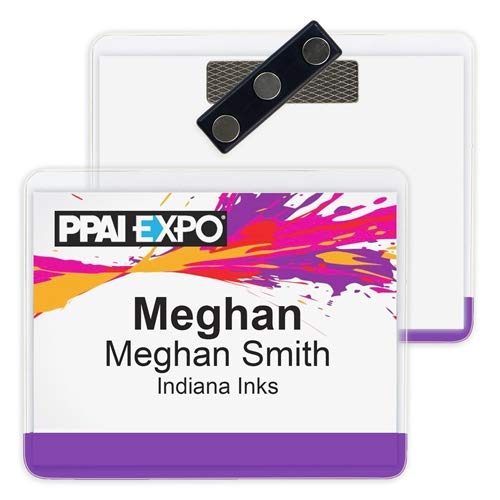 4x3 Inch Magnetic Name Badge Holder - Top Loading Reusable Badge ID Card Holder with Heavy-Duty 3-Touch Magnet - 50 Pack Purple Vinyl for Office, Conference, Security & Events