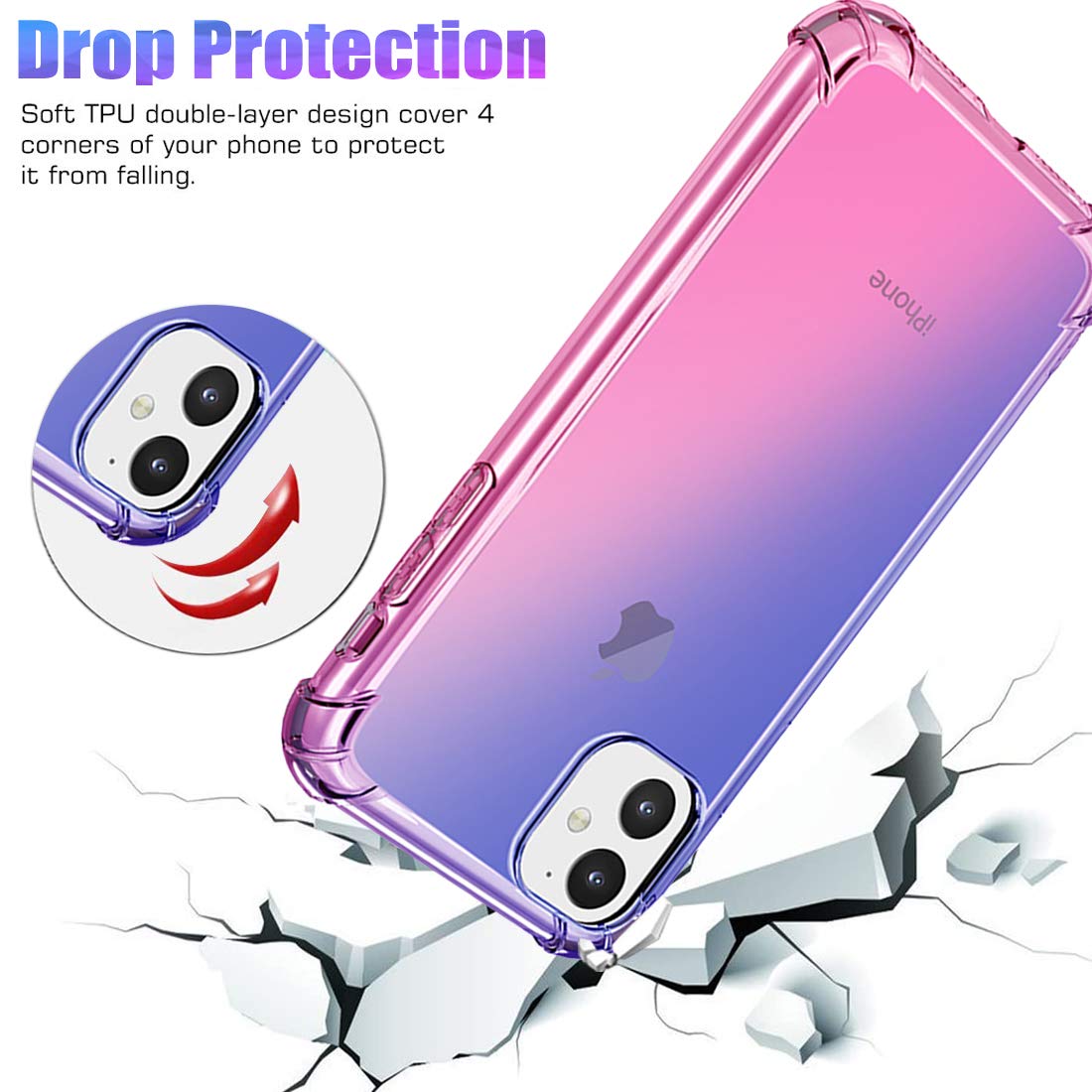 Cute Gradient Slim Clear TPU Shockproof Case for iPhone 11 - Anti-Scratch Soft Protective Cover (Blue/Pink) | Perfect for Everyday Use, Travel & Outdoor Activities