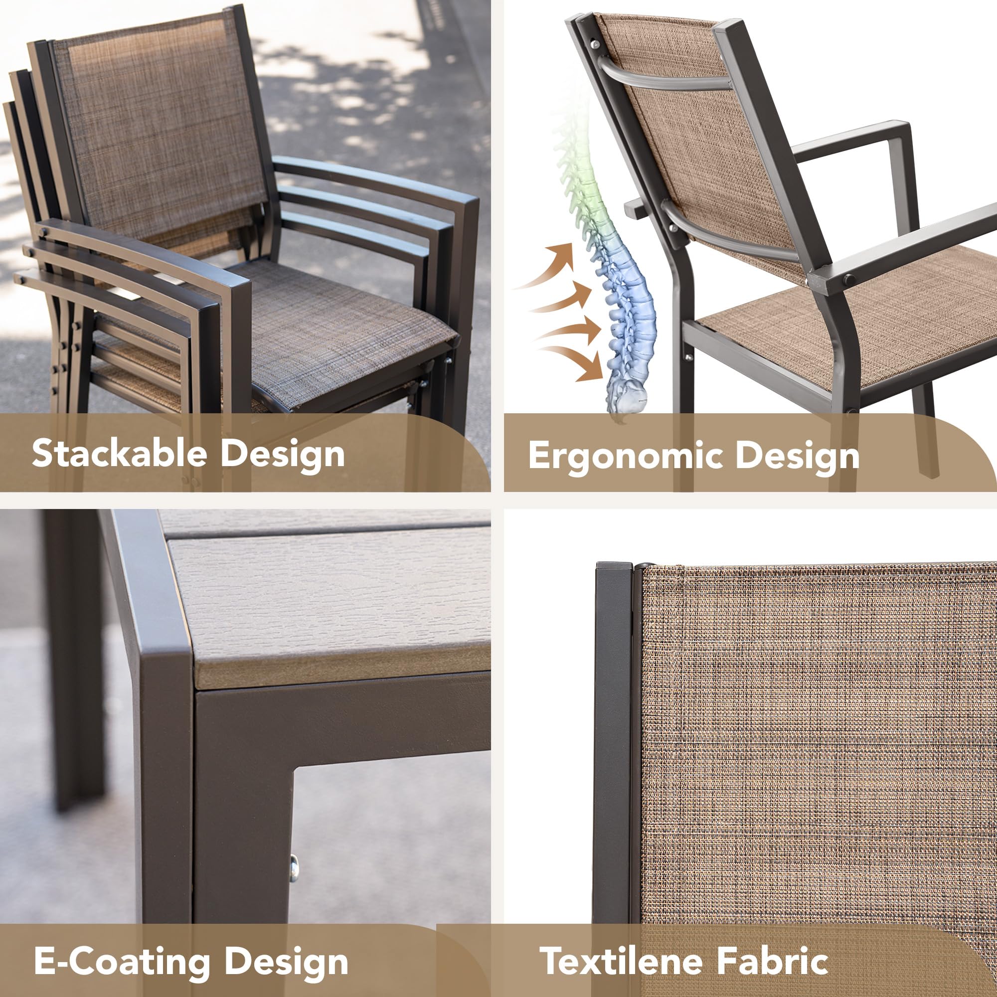 Devoko 7-Piece Patio Dining Set - Outdoor Furniture with Rectangular Table & 6 Stackable Chairs, Brown - Perfect for Garden, Backyard, Deck, and Poolside Gatherings