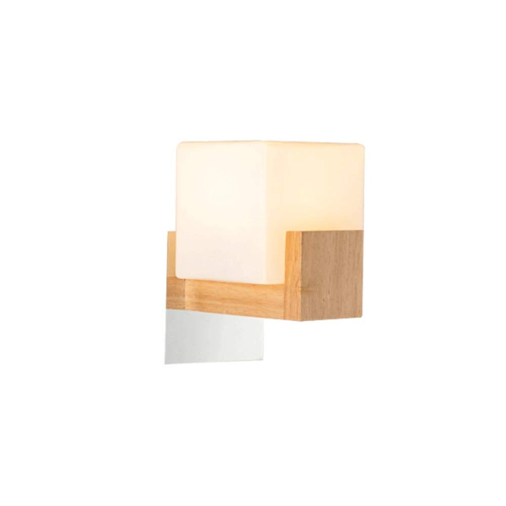 Modern Simple Wall Lamp - Solid Wood & Glass Shade, White E27 Wall Light for Home Decor | Creative Square Wall Sconces for Bedroom, Living Room, Kitchen, Restaurant, Café | Perfect for Ambient Lighting & Space-Saving Design
