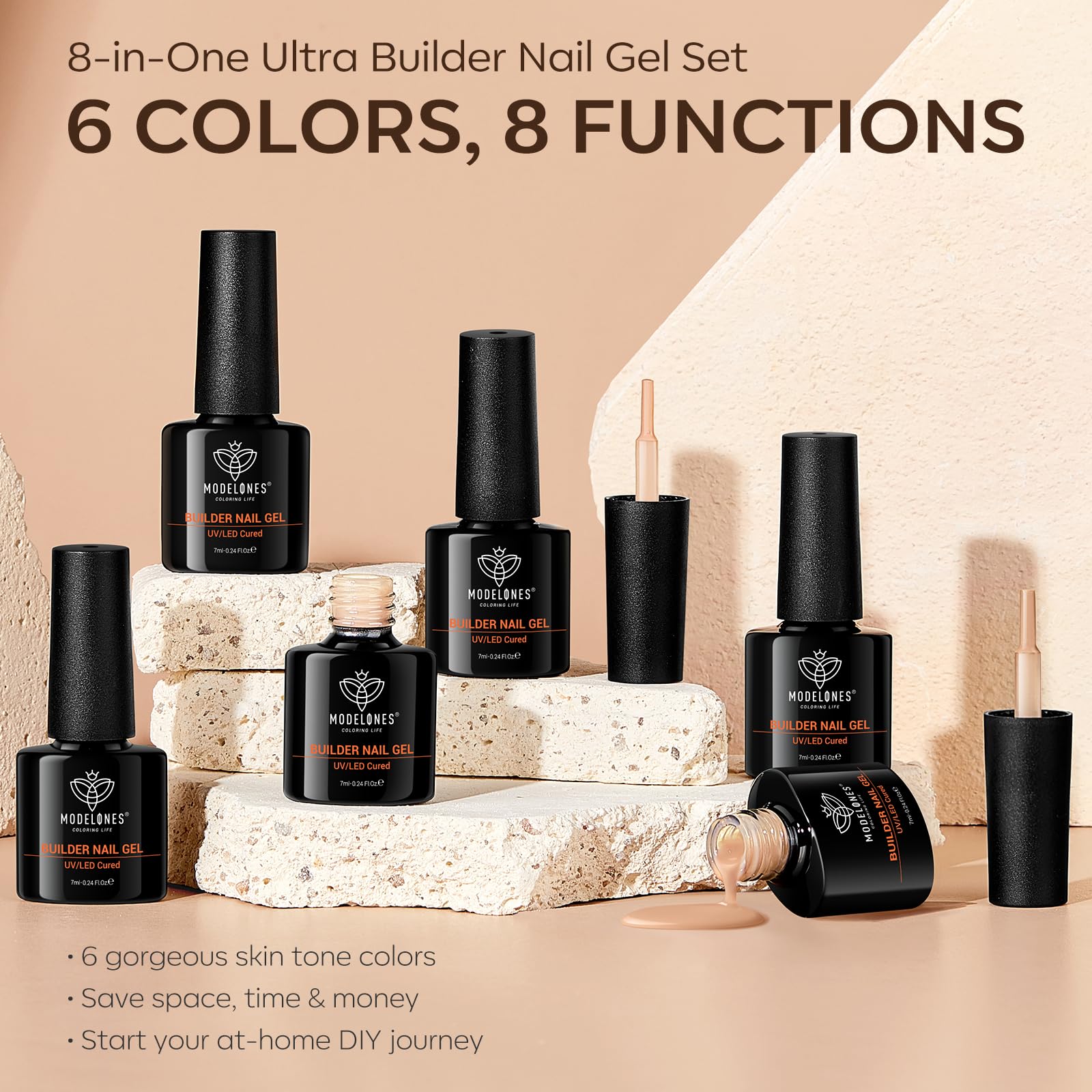 Modelones Builder Nail Gel 8-in-1 Kit - 6 Colors for Nail Thickening & Strengthening | Fall Winter Nail Care