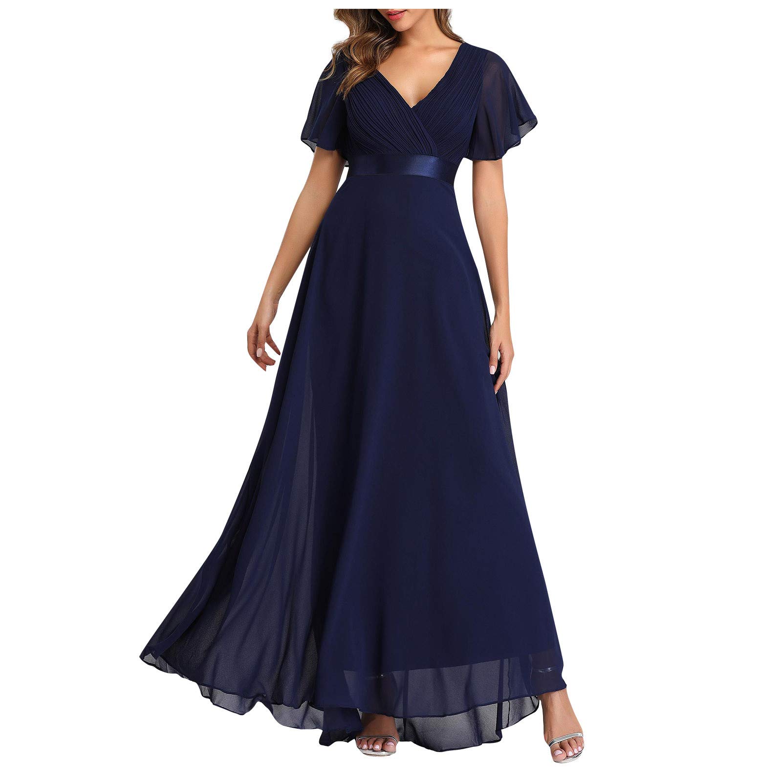 CSBYBD Women's Flowy V-Neck Chiffon Dress - Elegant Elastic Waist Bridesmaid & Evening Gown for Summer Weddings, Parties & Office Wear