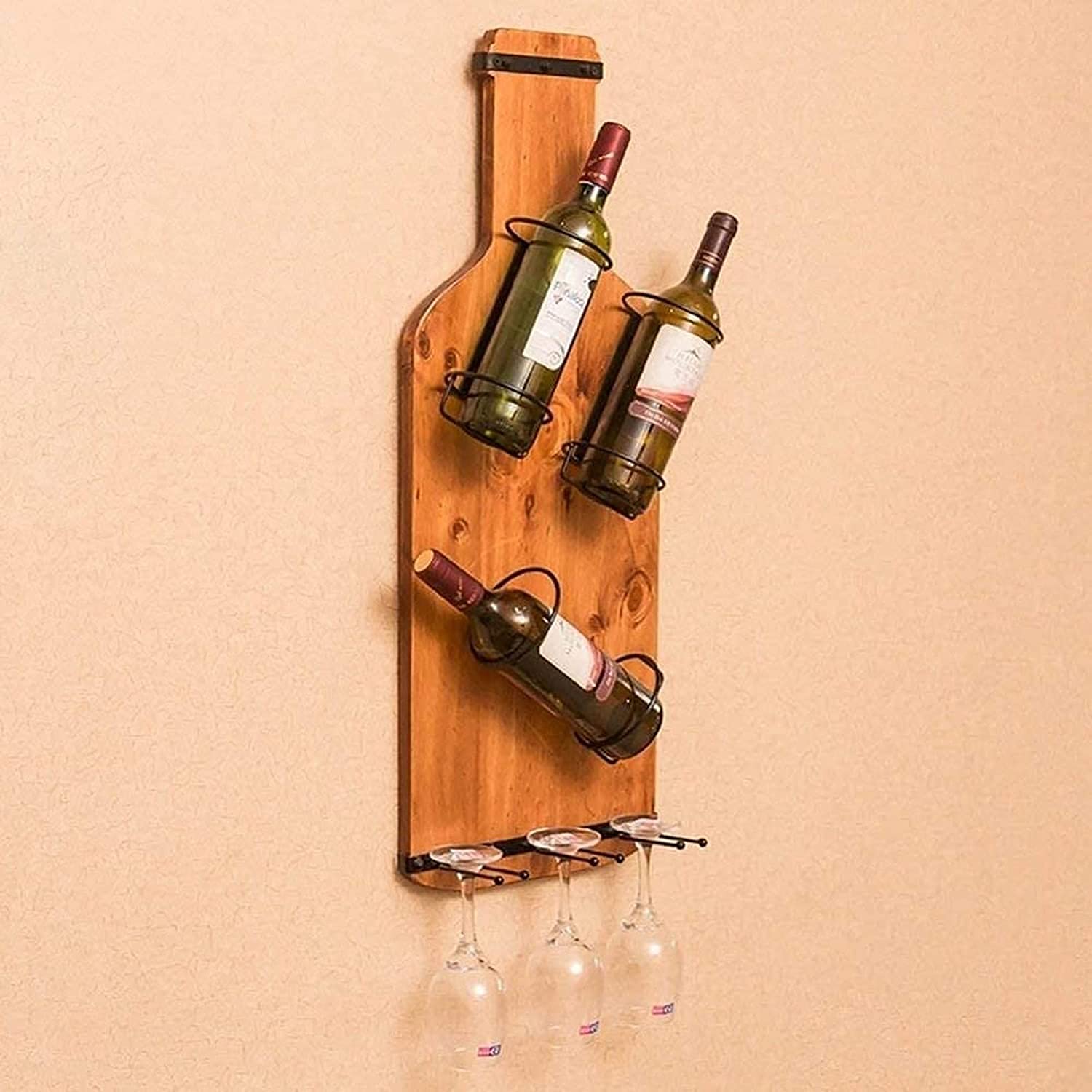 Solid Wood Wall-Mounted Wine Rack - 6 Bottle Wine Holder for Kitchen, Dining Room & Bar - Rustic Stemware Storage with Hanging Hooks - Perfect for Restaurants, Home Decor & Gift Giving