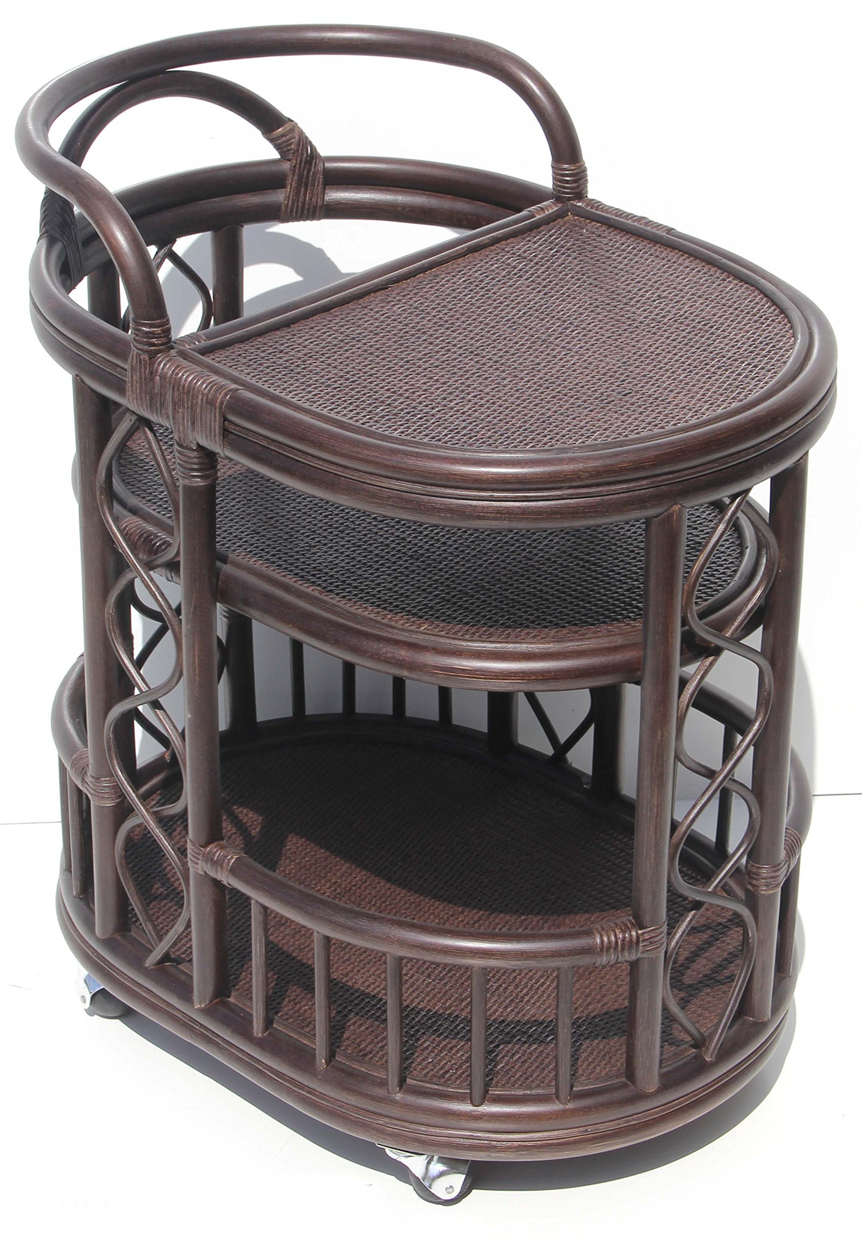 Handmade Natural Rattan Wicker Bar Cart with Wheels - Eco-Friendly Dark Brown Serving Table for Drinks & Appetizers - Perfect for Home Bar, Outdoor Entertaining & Kitchen Use