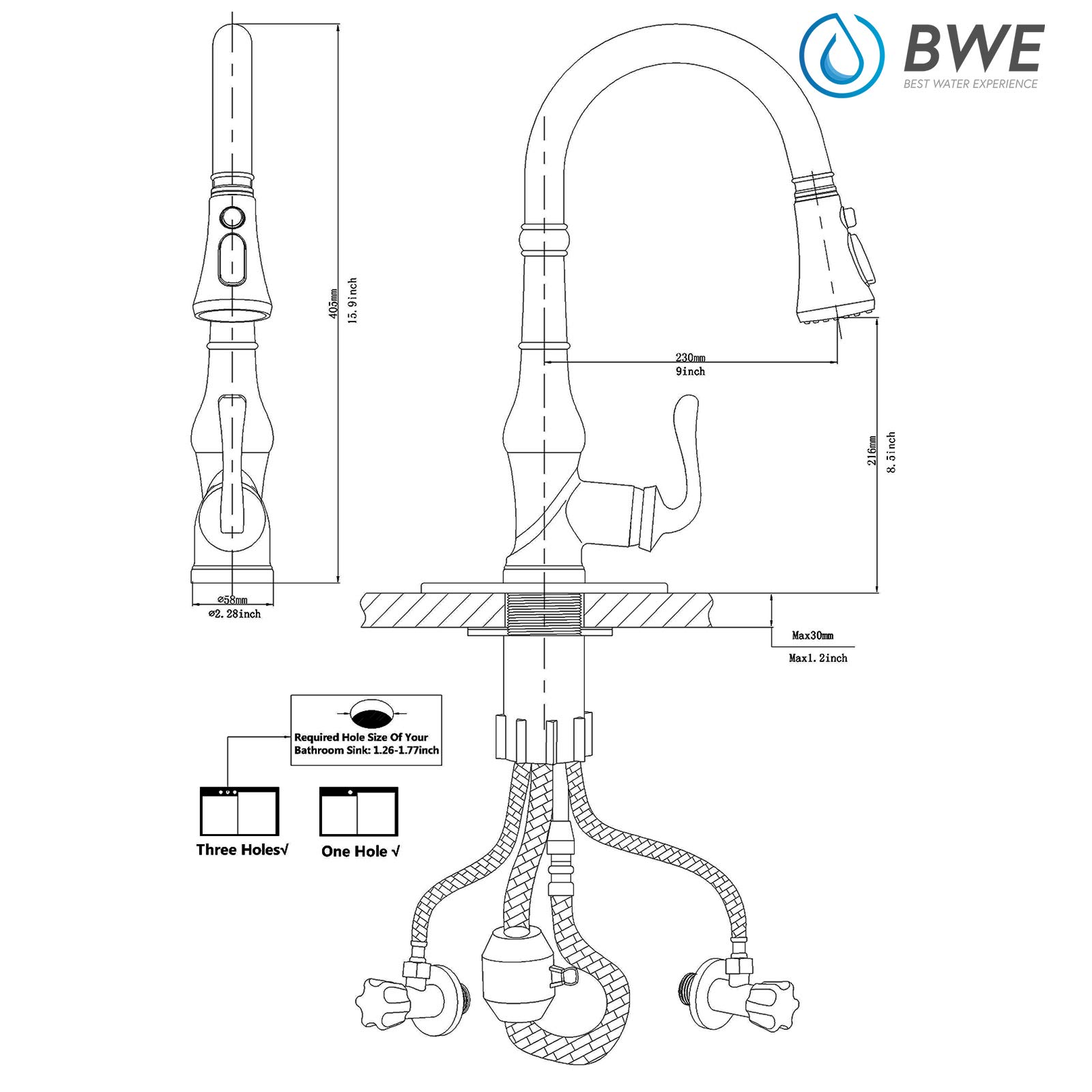 BWE High Arc Pull Out Kitchen Faucet - Oil Rubbed Bronze Single Handle with 3 Spray Modes & Deck Plate - Commercial Grade Farmhouse Sink Faucet for Bar & Restaurant Use