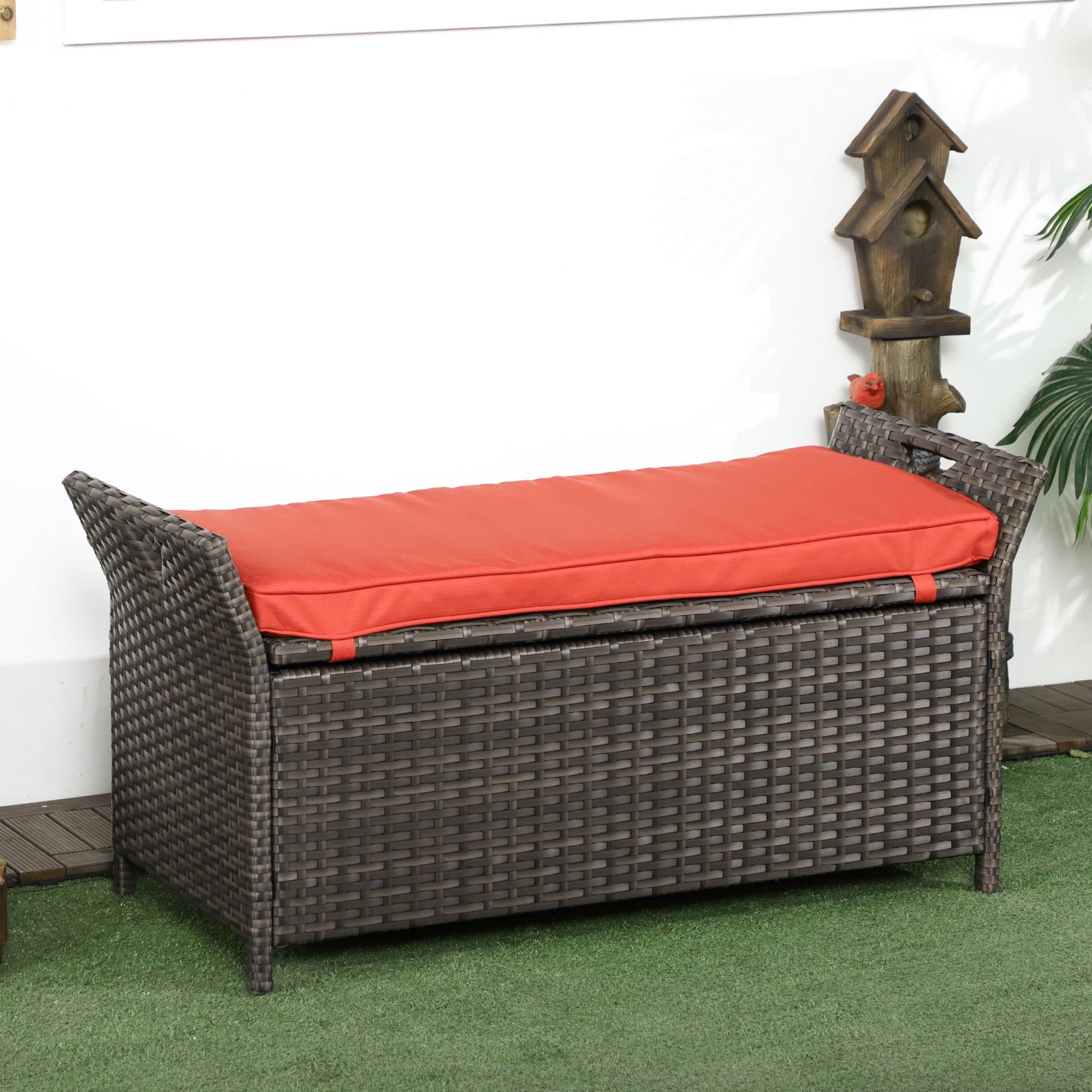 Outsunny 29 Gallon Outdoor Wicker Storage Bench - 2-in-1 PE Rattan Patio Furniture with Cushion, Large Rectangle Garden Storage Box with Handles (Red) | Perfect for Backyard, Deck, Poolside & Patio Organization