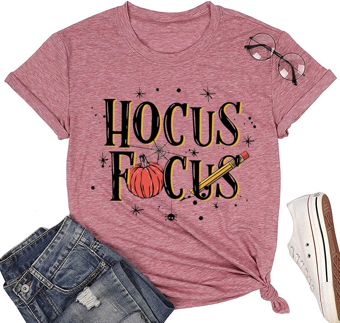 Funny Hocus Pocus Halloween T-Shirt for Women - Cute Pumpkin Graphic Teacher Tee - Fall Season Casual Top for Classroom, Halloween Party & Autumn Outings
