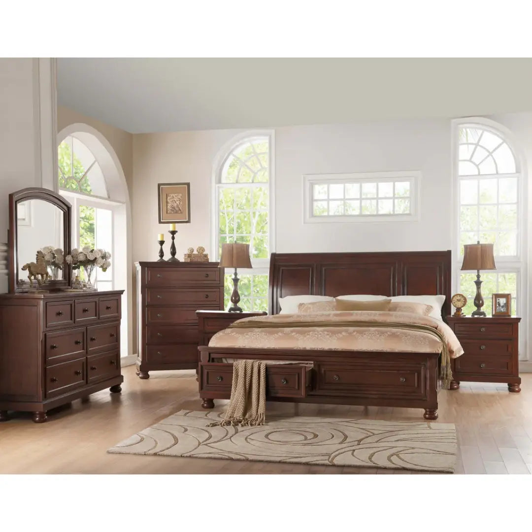 8-Piece Cherry Brown Begonia Bedroom Set – Complete Bed Frame, Nightstand & Dresser for Cozy Master Bedroom Decor