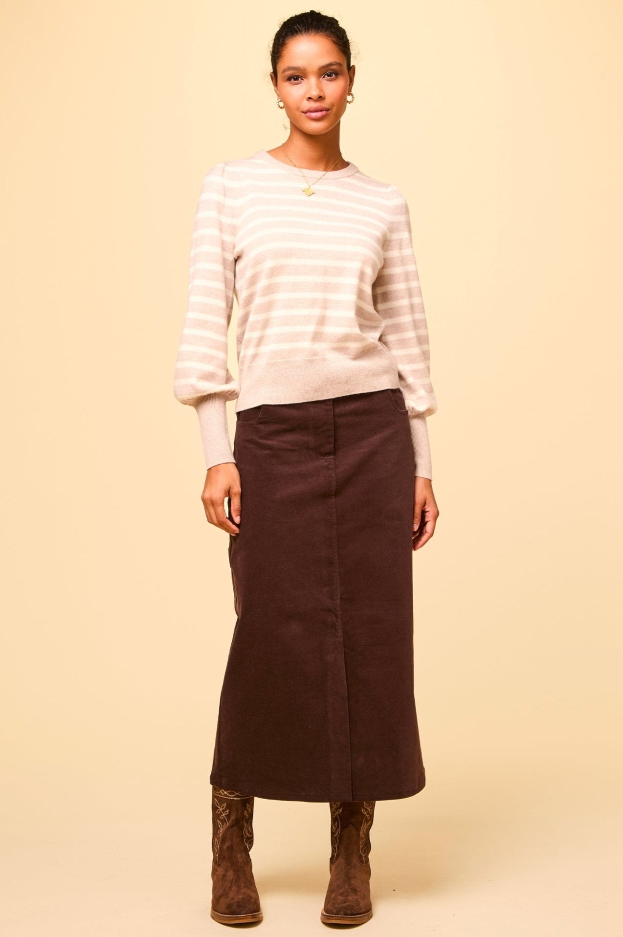 Mallory Stretch Corduroy Skirt for Women - Comfortable High Waist A-Line Skirt in Chocolate Brown | Perfect for Fall, Winter, Office Wear & Casual Outfits