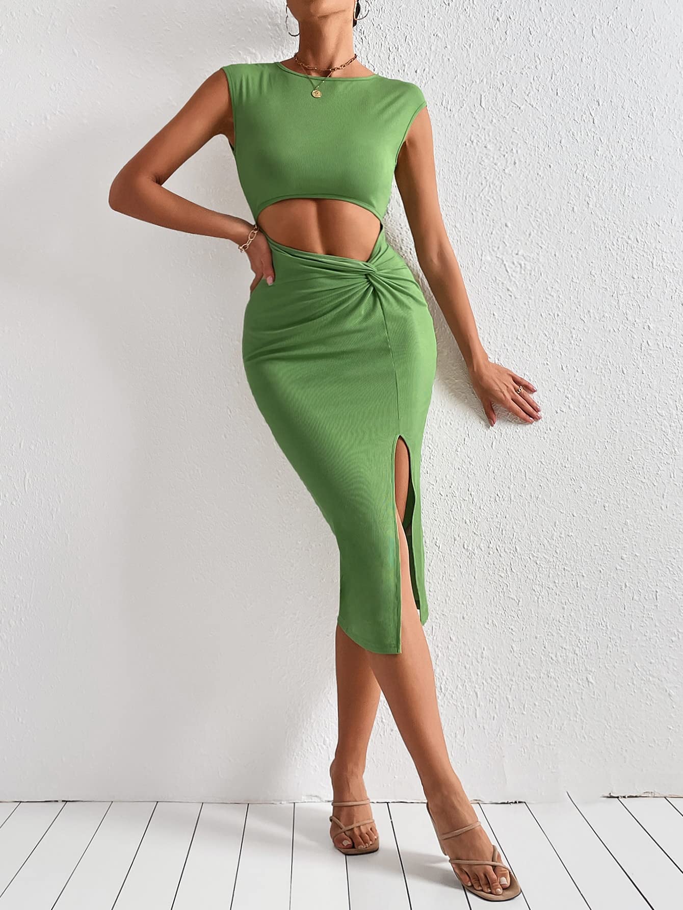 Women's Sleeveless Hollow Out Twist Cut Out Split Thigh Bodycon Dress - Slim Fit Party & Evening Dress for Ladies - Summer Fashion (Lime Green, Medium) - Perfect for Night Out, Club Wear, Date Night & Special Occasions