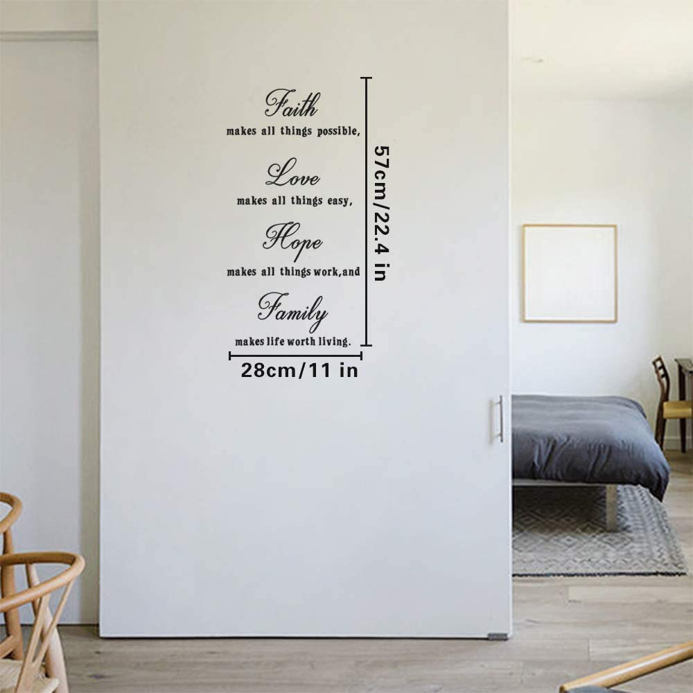 Faith Love Hope Family Quotes Wall Decals - Removable DIY Inspirational Saying Stickers for Home Decor - Easy Peel & Stick Wall Art for Bedroom, Living Room, Nursery - Black Vinyl Lettering (11x22.4 Inch) - Perfect for Creating Motivational Spaces & Gift Giving